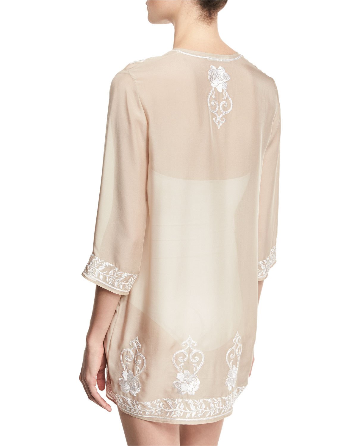 Gigi Embroidered Silk Chiffon Tunic Coverup, Nude