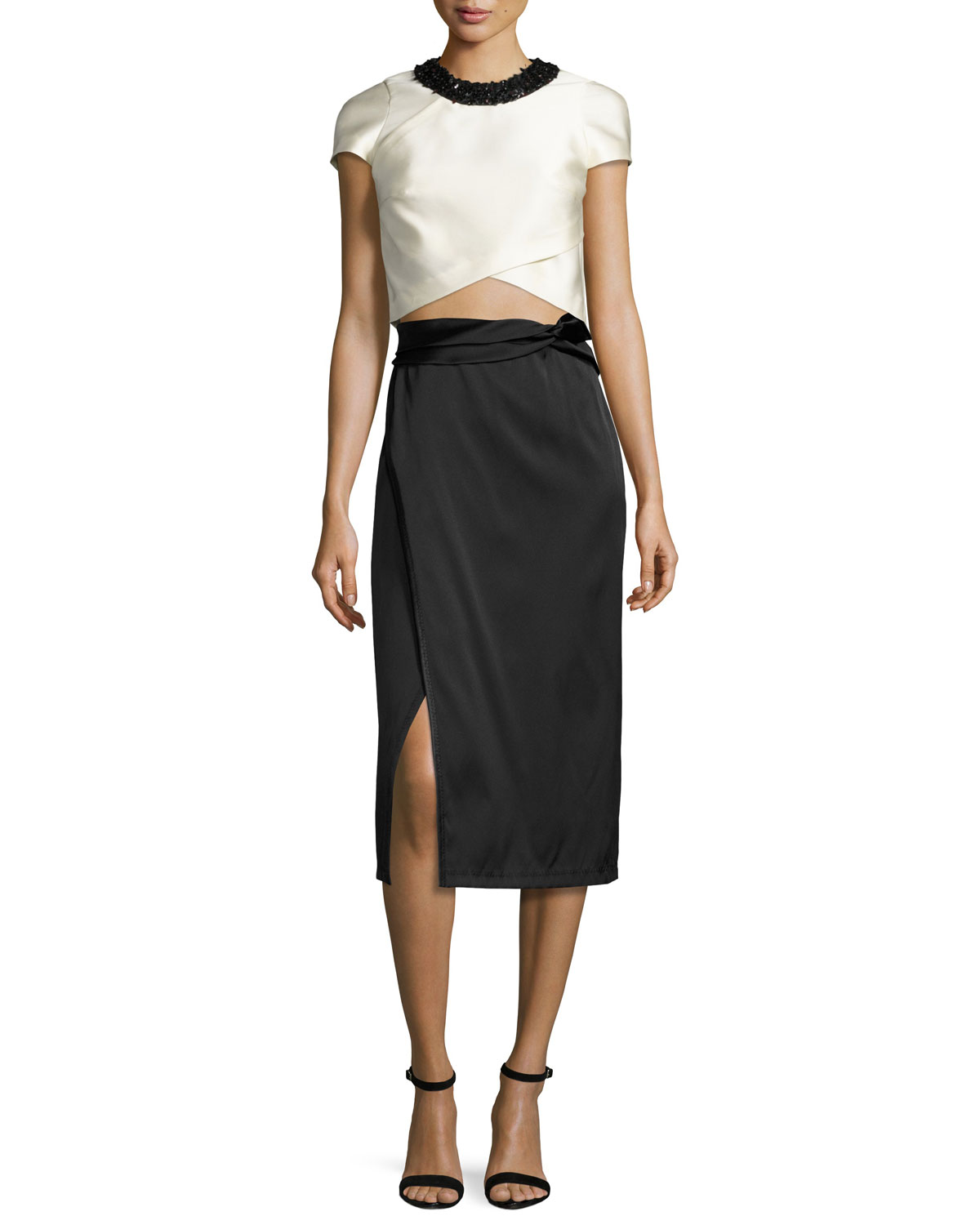 Satin Knotted Tea-Length Skirt, Black