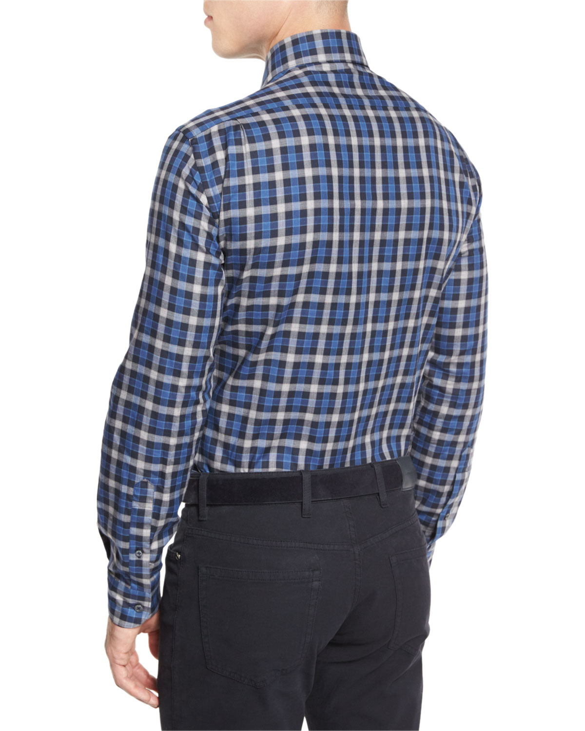 Plaid Long-Sleeve Sport Shirt, Navy