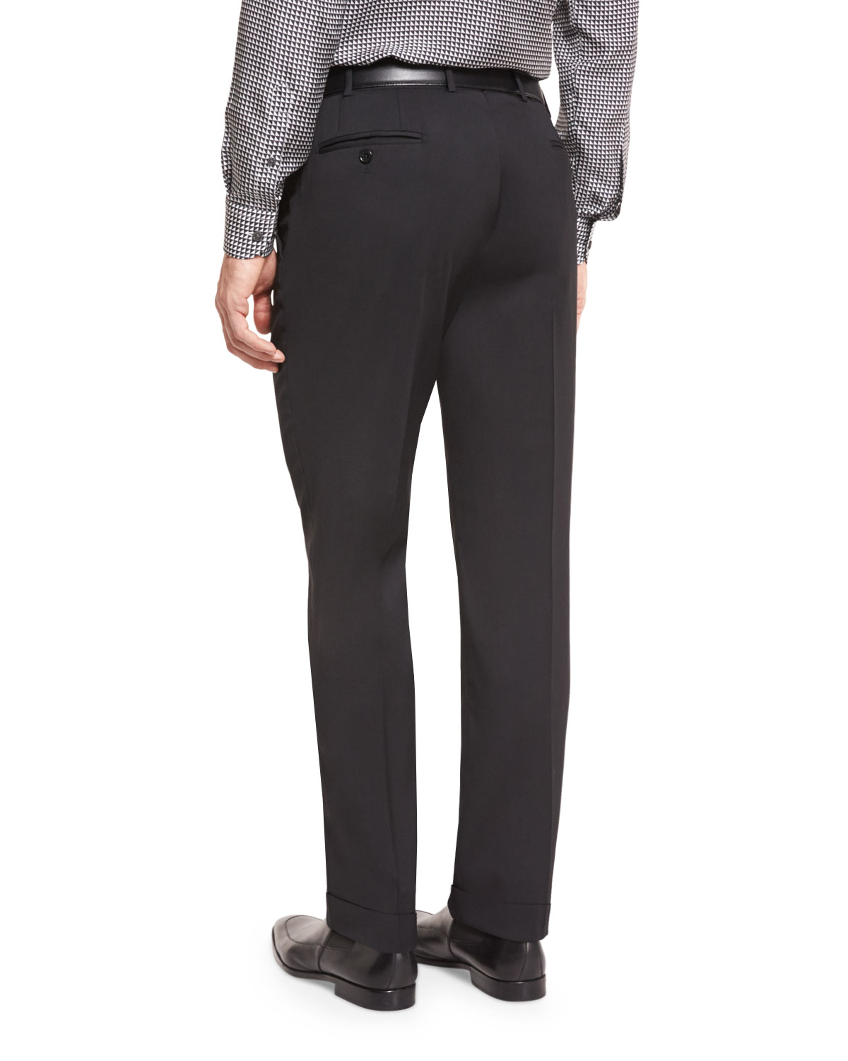 Stretch-Cotton Flat-Front Trousers, Black