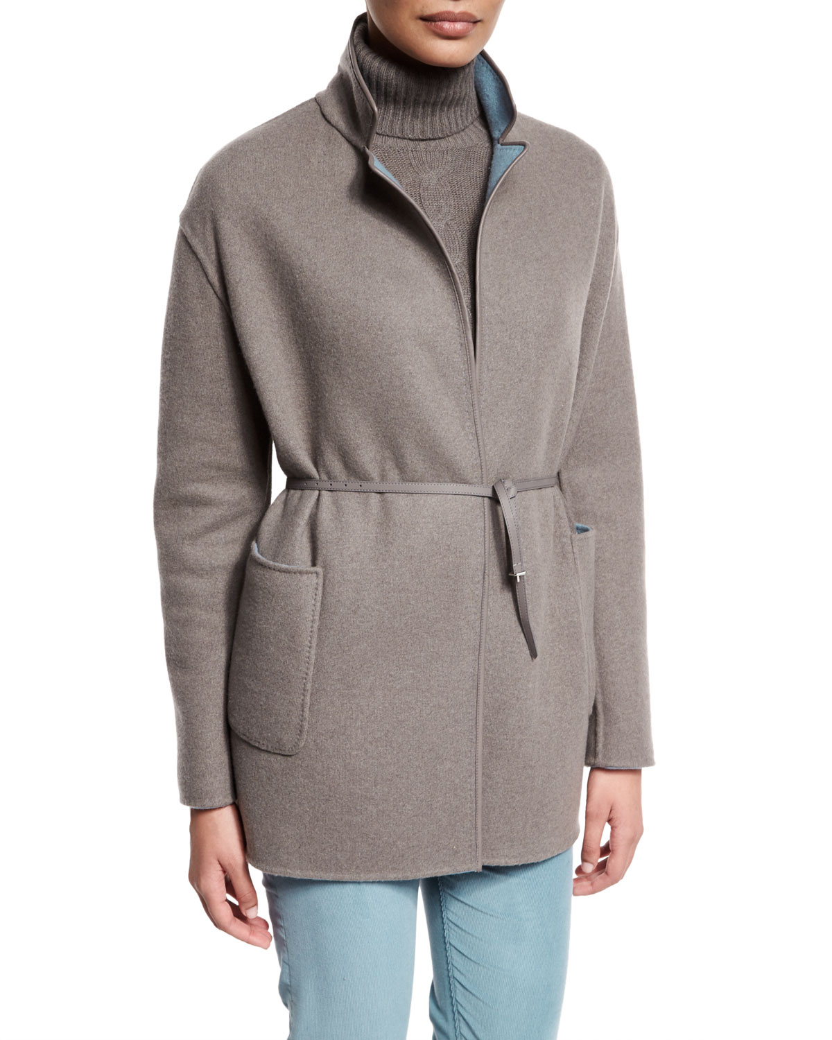 Jimi Open-Front Reversible Coat, Pearl Blue/Silver Myrtle