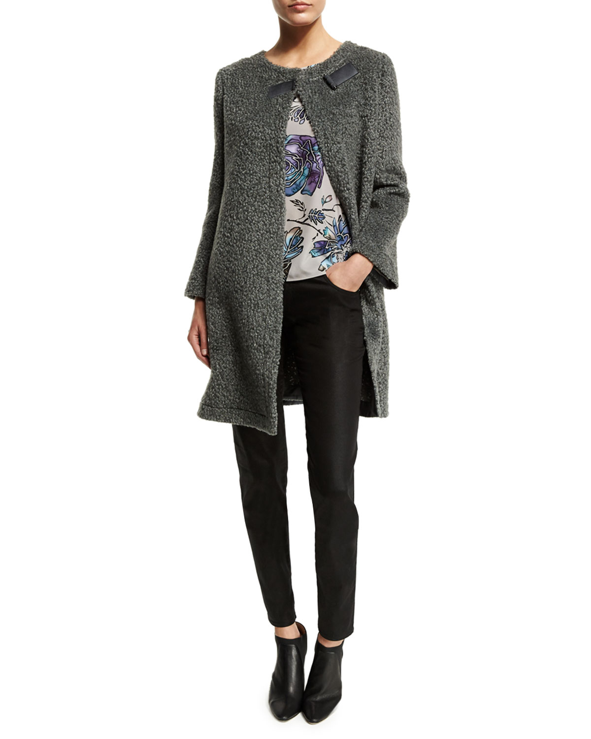 Long-Sleeve Boucle Trapeze Coat, Gray