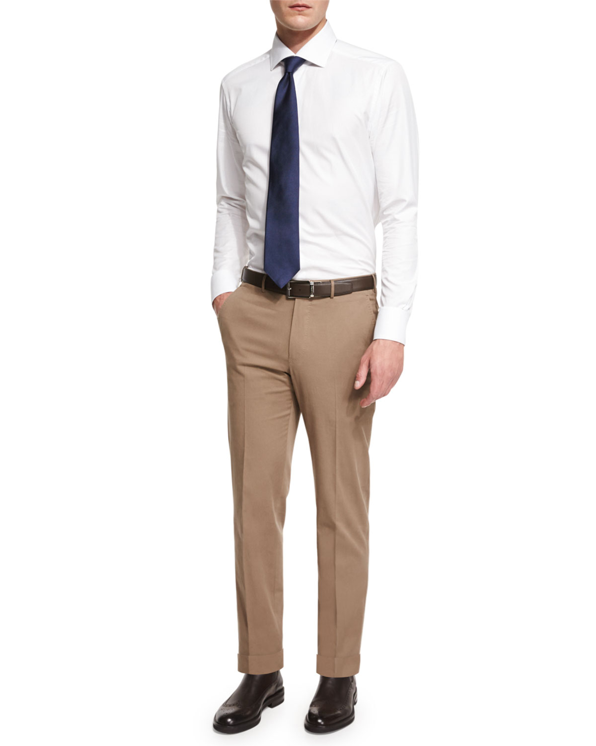 Cotton-Blend Flat-Front Trousers, Khaki