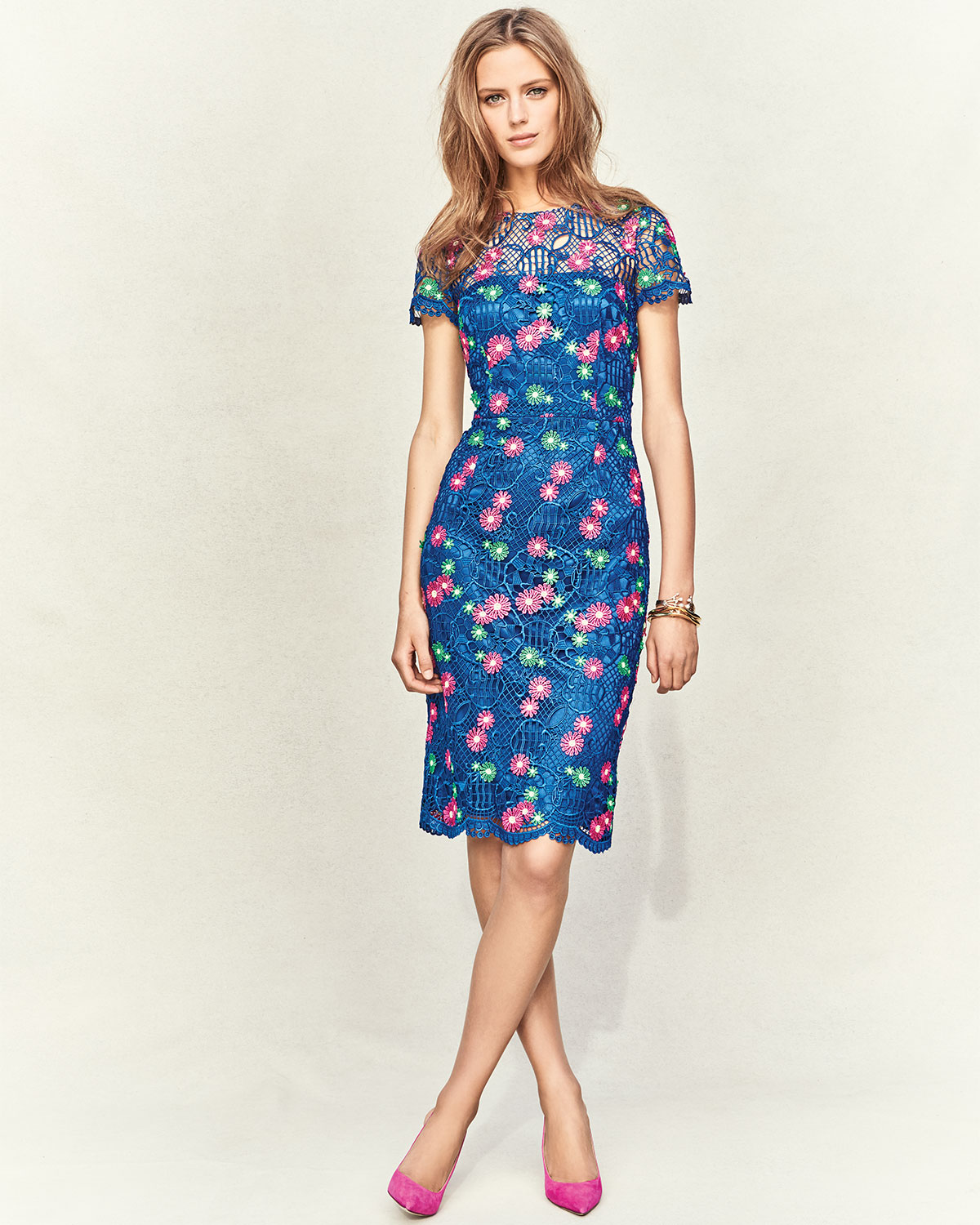 Venice Short-Sleeve Floral Lace Cocktail Dress, Blue/Multicolor