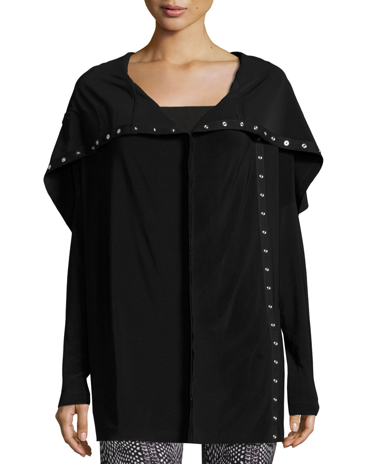 Side-Snap Long Athletic Jacket, Black