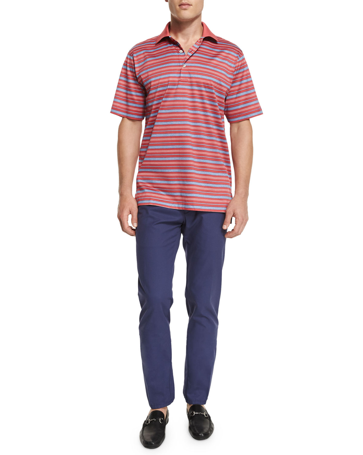 Sandy Striped Cotton Lisle Polo Shirt, Red