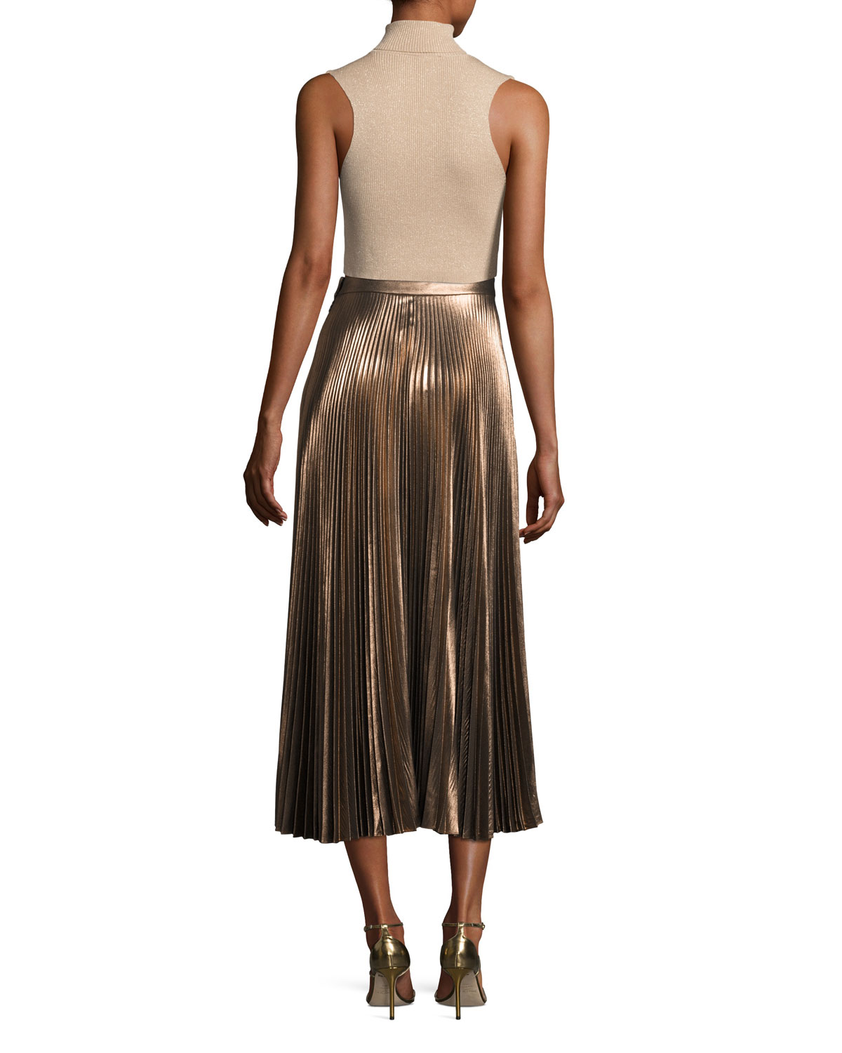 Presley Sleeveless Ribbed Metallic Crop Top, Bisque/Gold