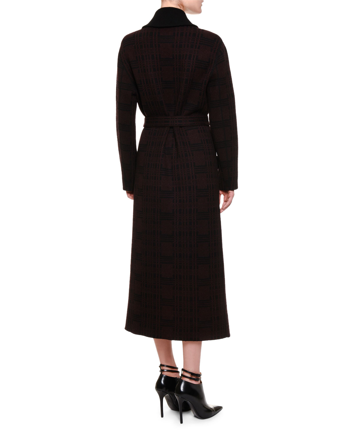 Shawl-Collar Belted Robe Coat, Black/Barolo