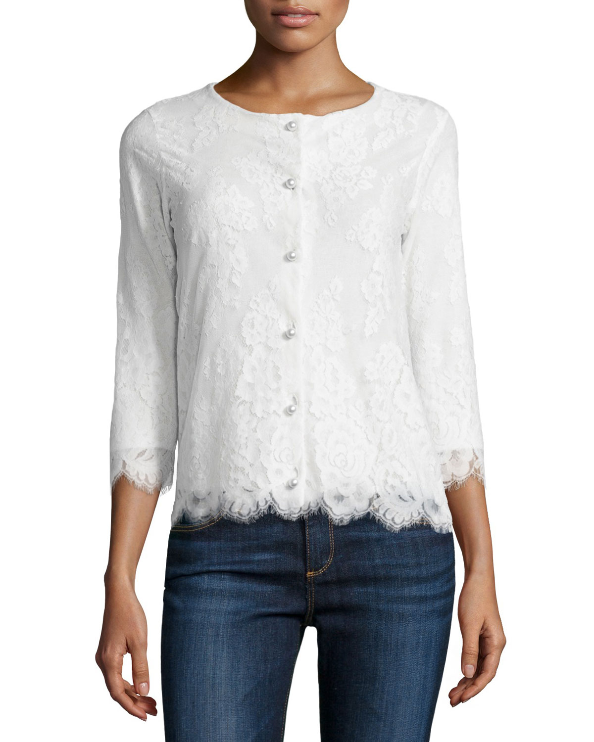 3/4-Sleeve Lace Cardigan, Ivory