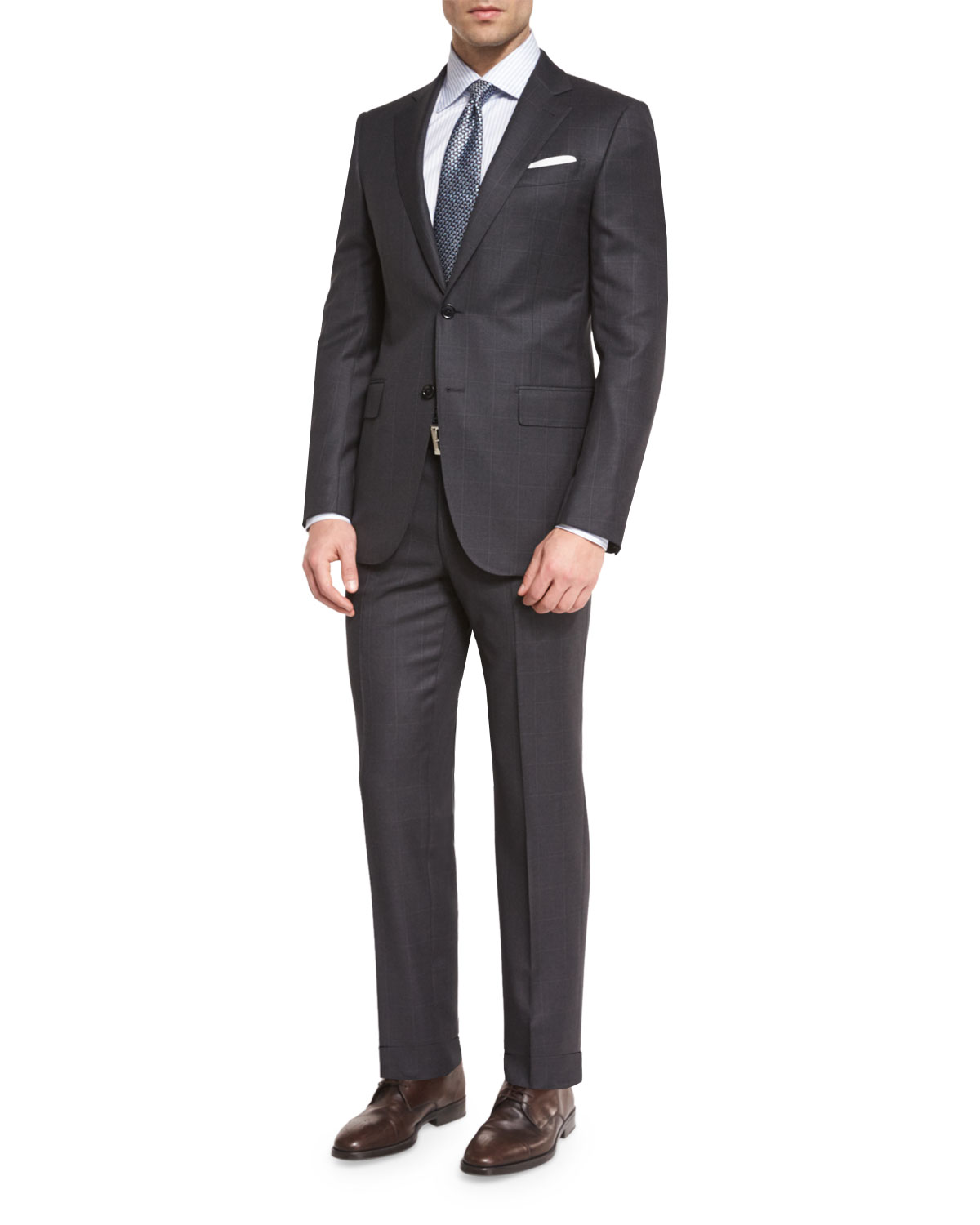 Wool Windowpane Two-Piece Suit, Charcoal