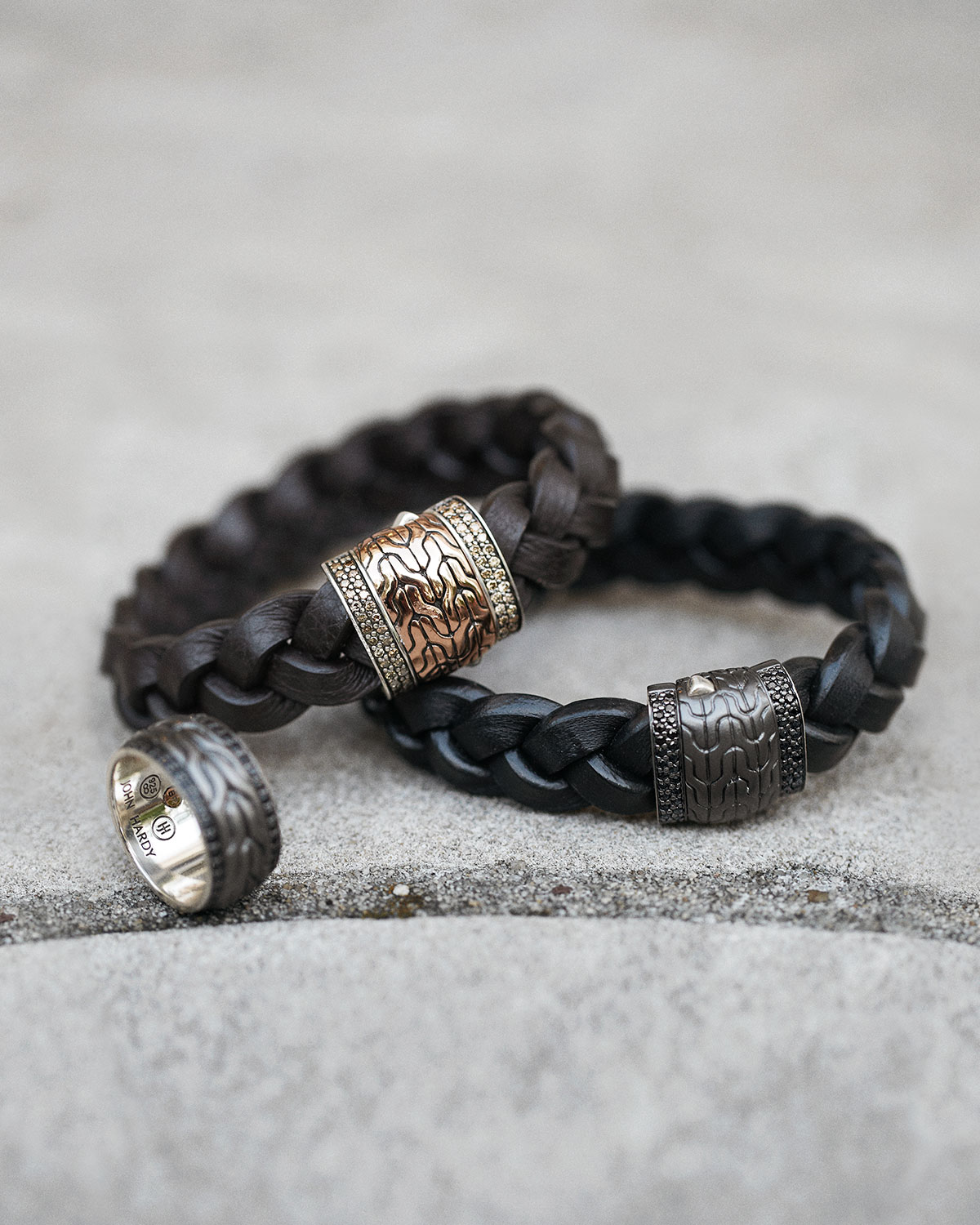 Men's Black Bronze Braided Leather Bracelet, Black