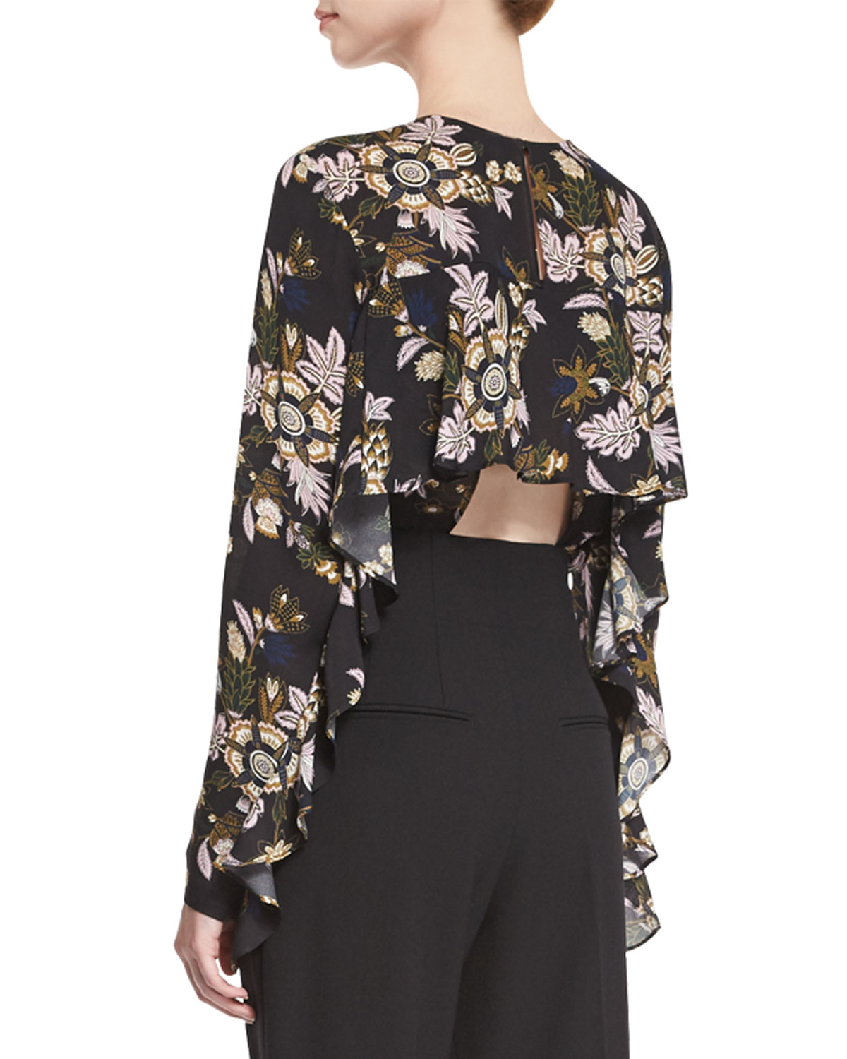 Cooper Long-Sleeve Floral Silk Top, Black