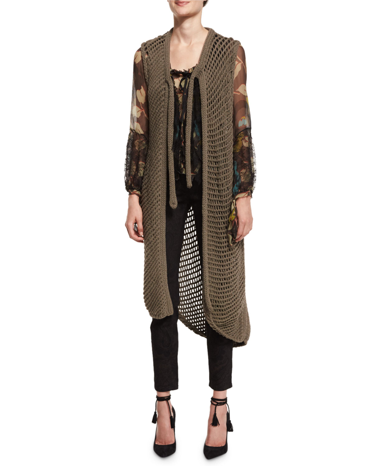 Fishnet Knit Long Vest, Taupe