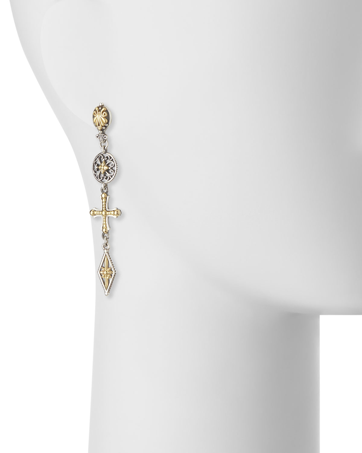 Etched Sterling Silver & 18K Gold Cross Drop Earrings