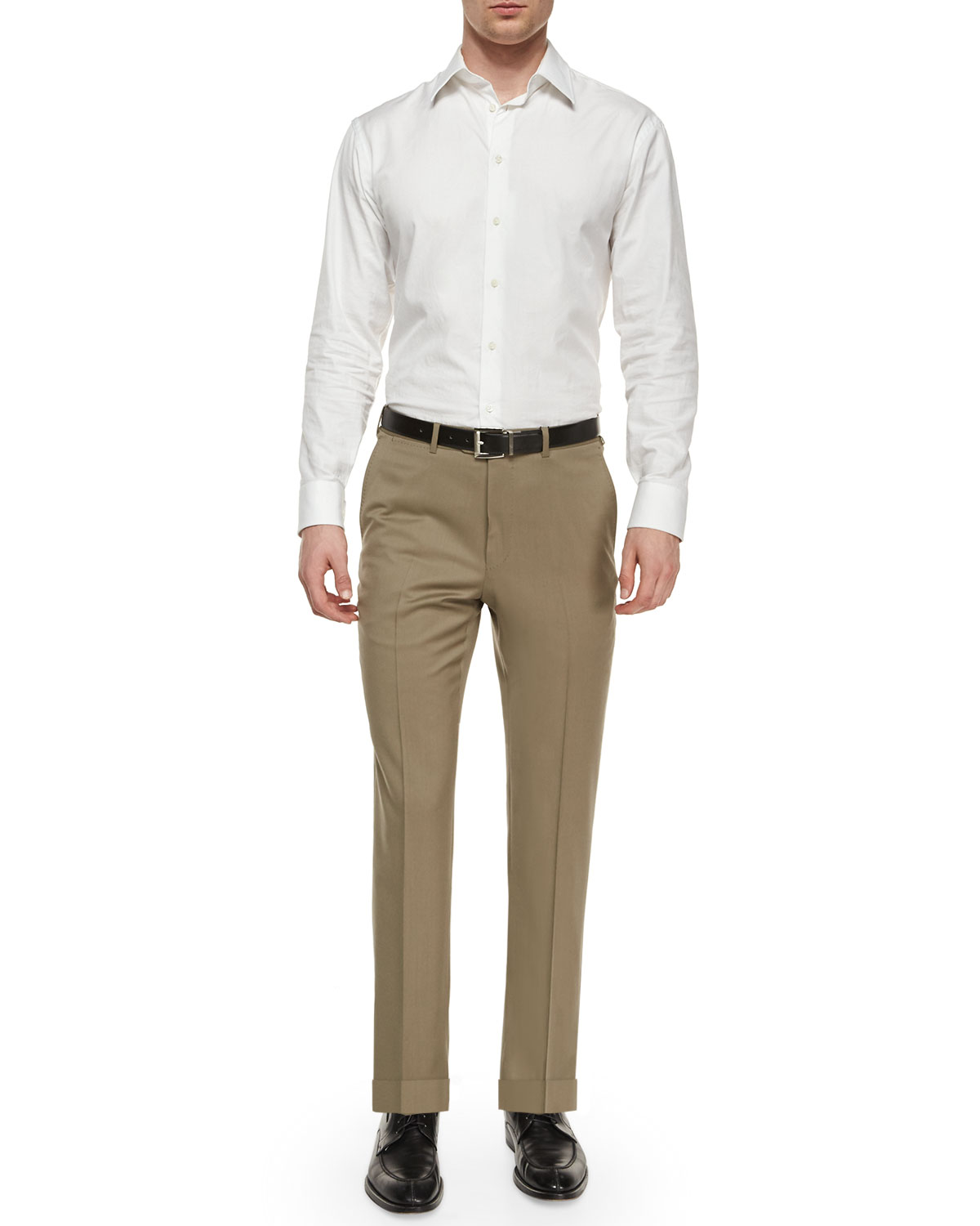 Flat-Front Wool Trousers, Tan