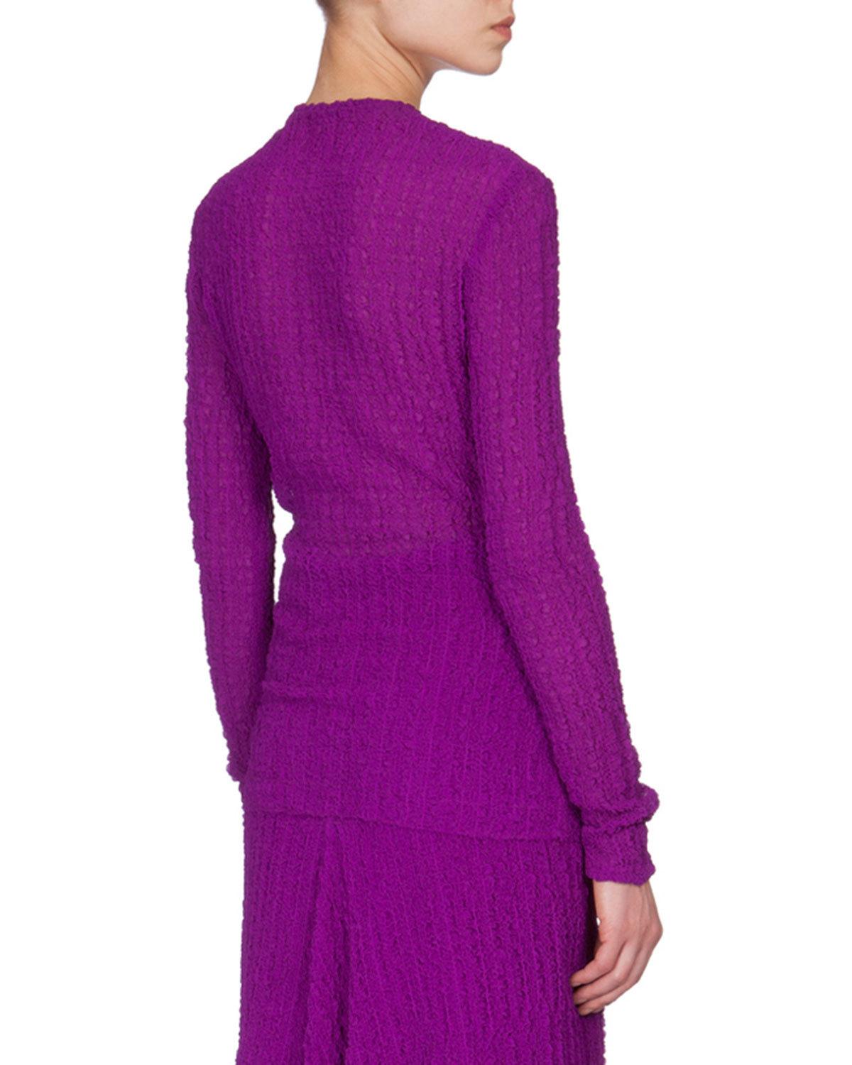 Textured Bubble Seersucker Long-Sleeve Top, Plum