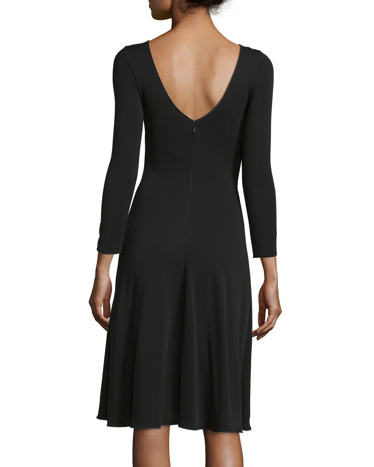 Long-Sleeve Gathered-Waist Dress, Black