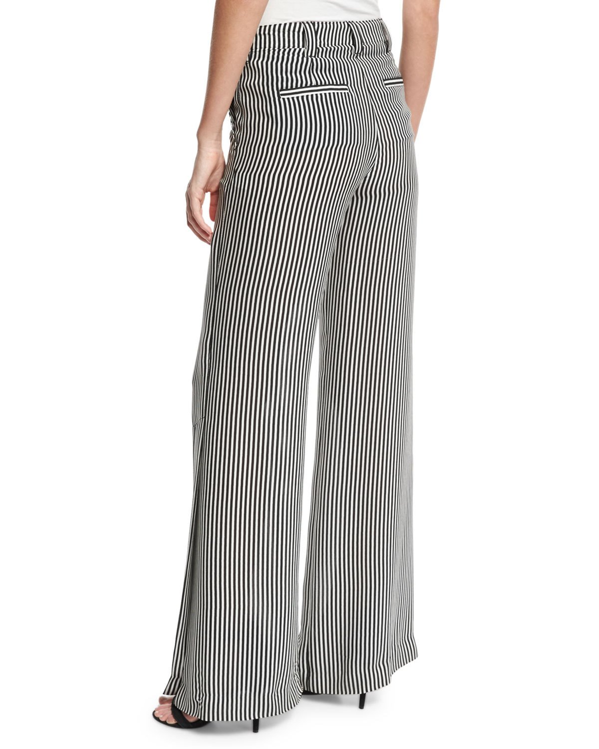 Miles Striped Silk Wide-Leg Pants, Black/White