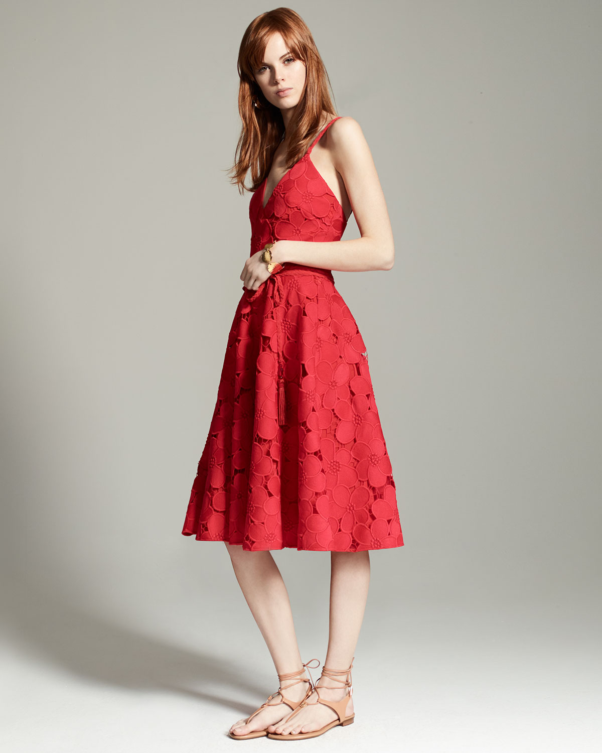 Floral Lace Fit & Flare Dress w/Tassel Belt