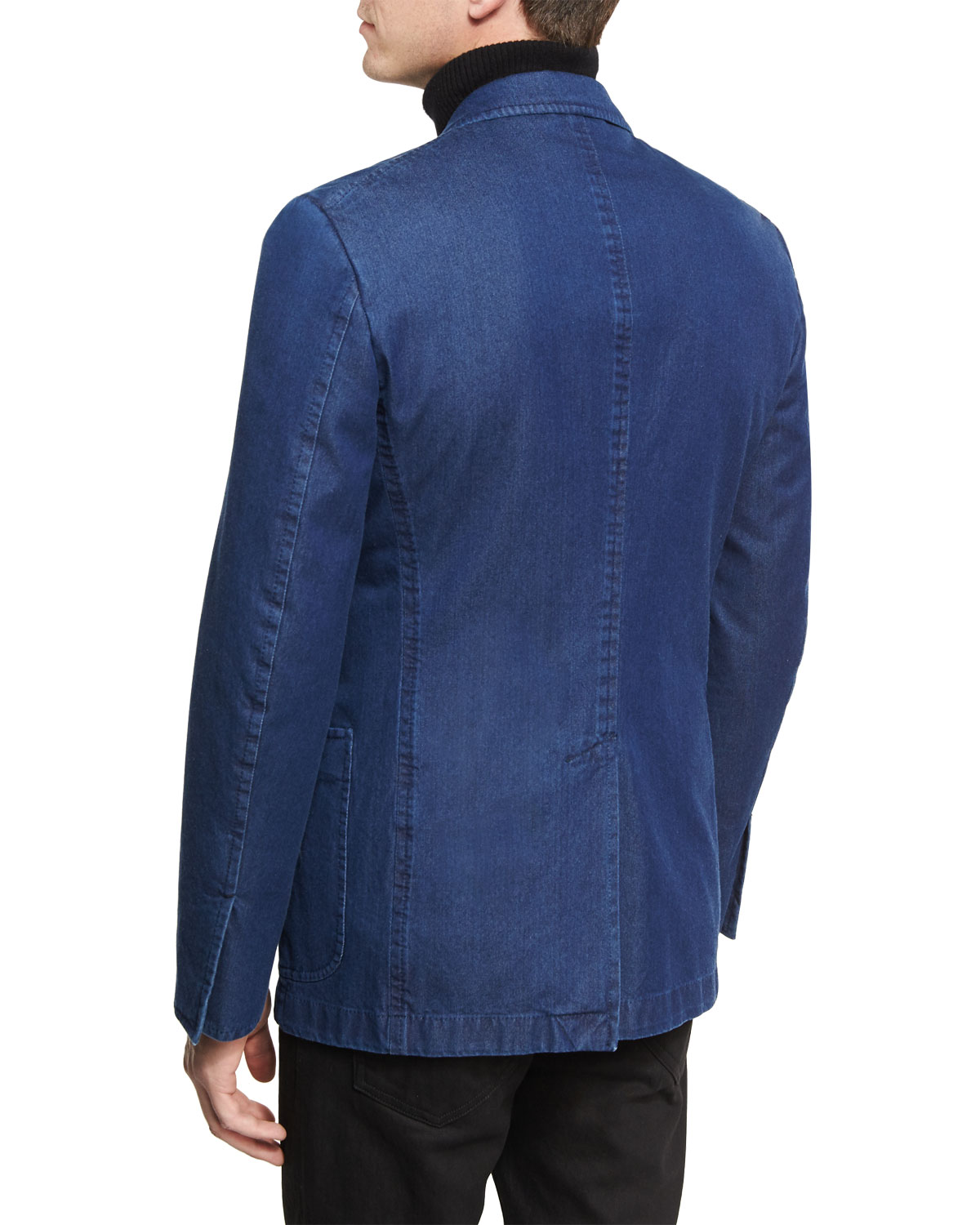 Washed Denim Peak-Lapel Sport Jacket, Dark Indigo