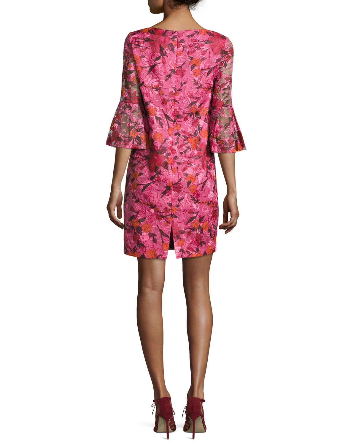 3/4-Sleeve Floral Silk Shift Dress, Pink