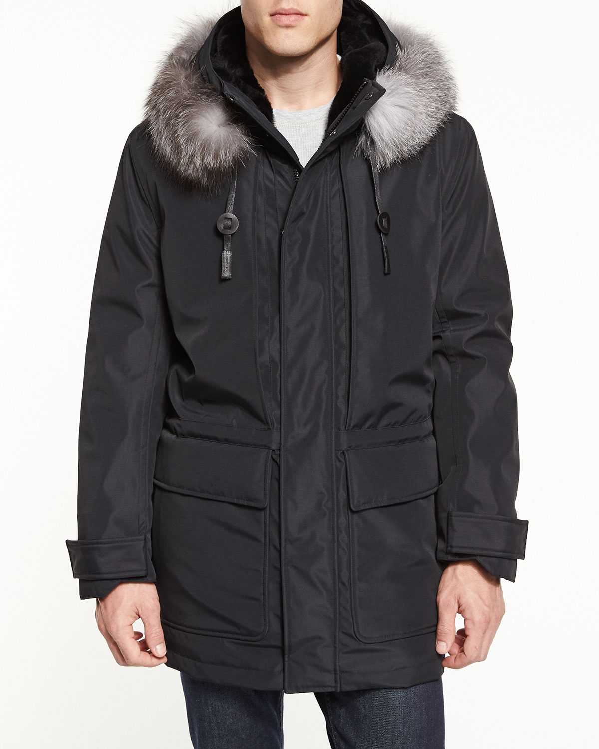 Everest Fur-Trim Hooded Parka, Jet Black