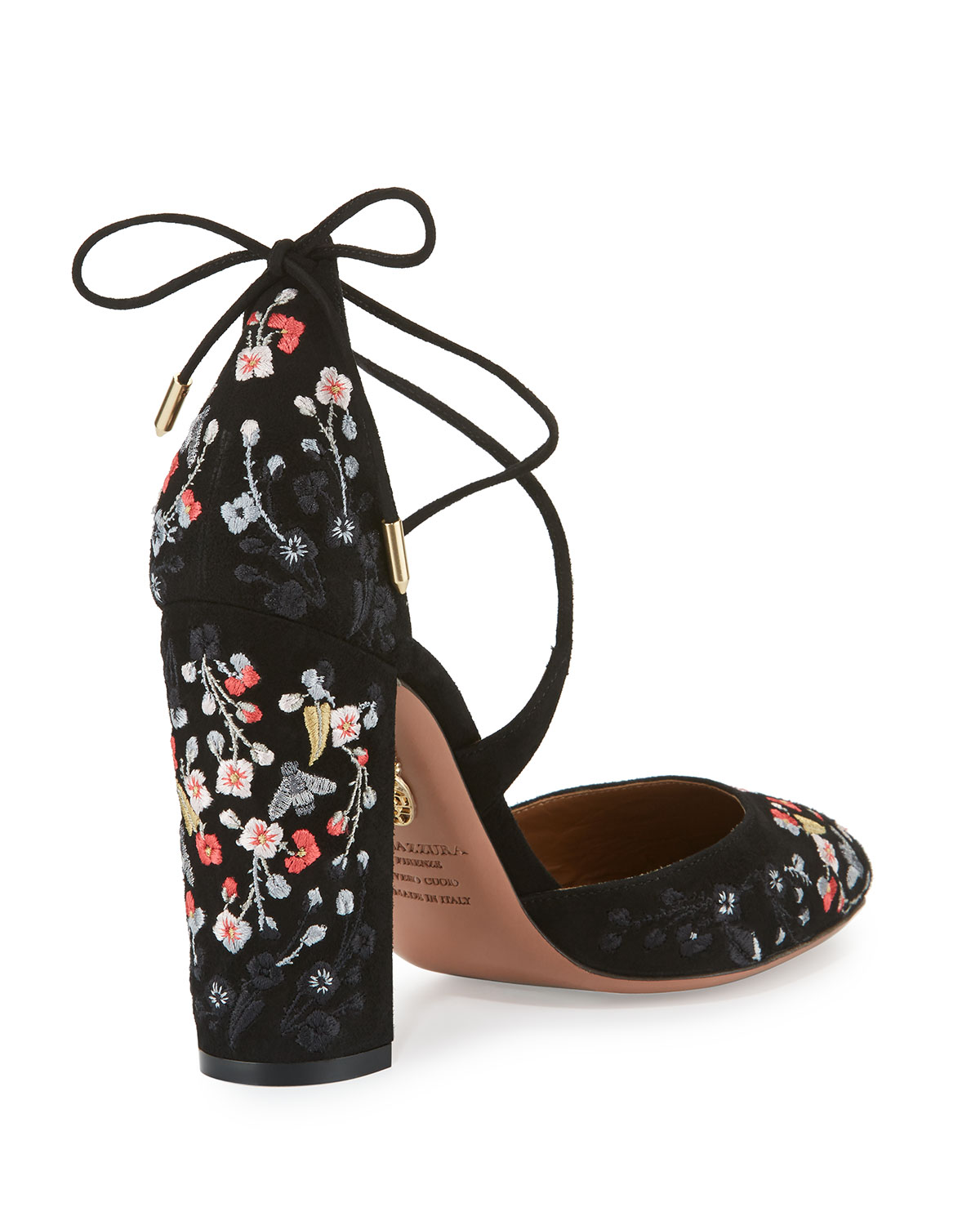 Karlie Embroidered Suede Block-Heel Pump, Black