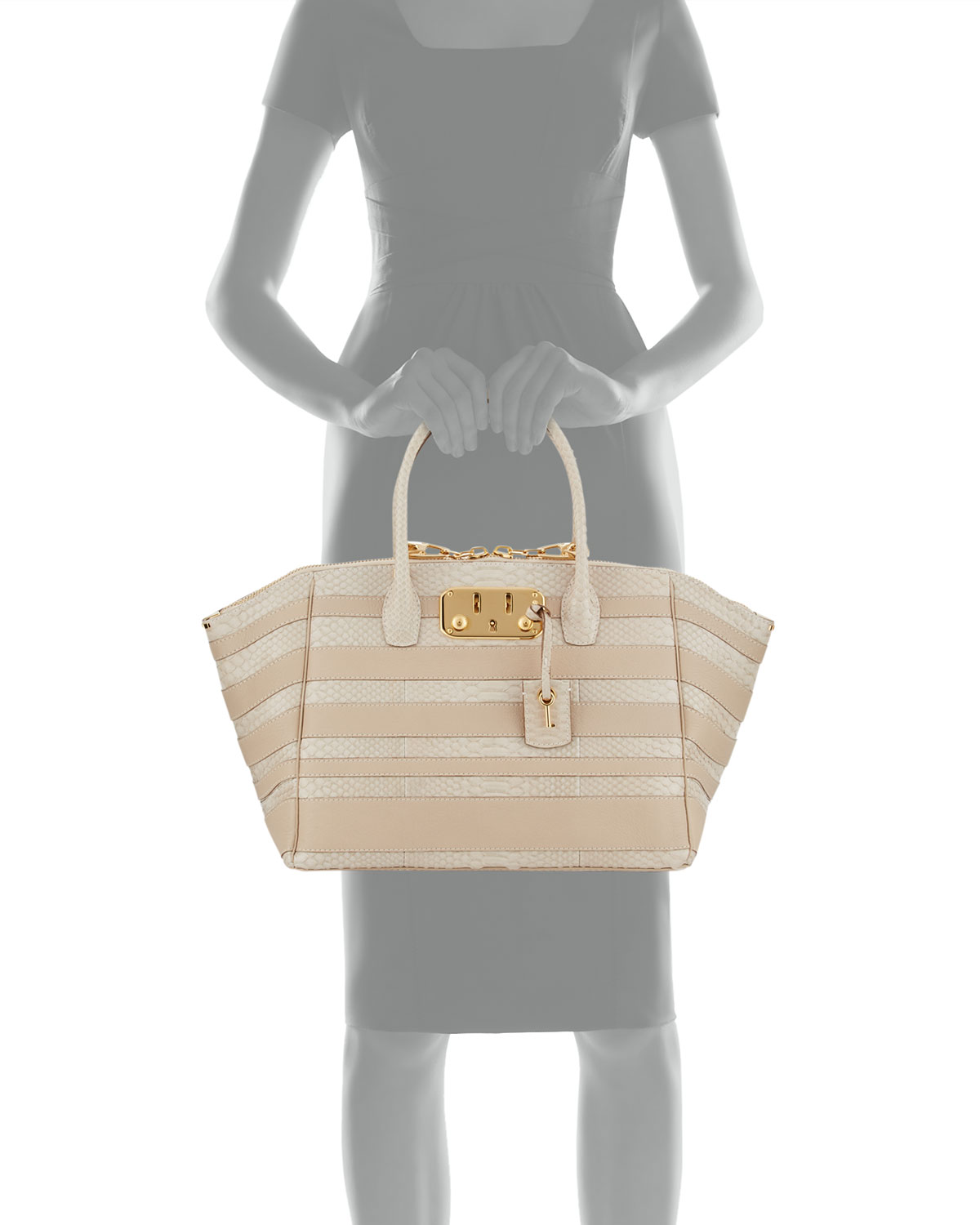 Brera 34 Python & Vitello Striped Satchel Bag, Limestone