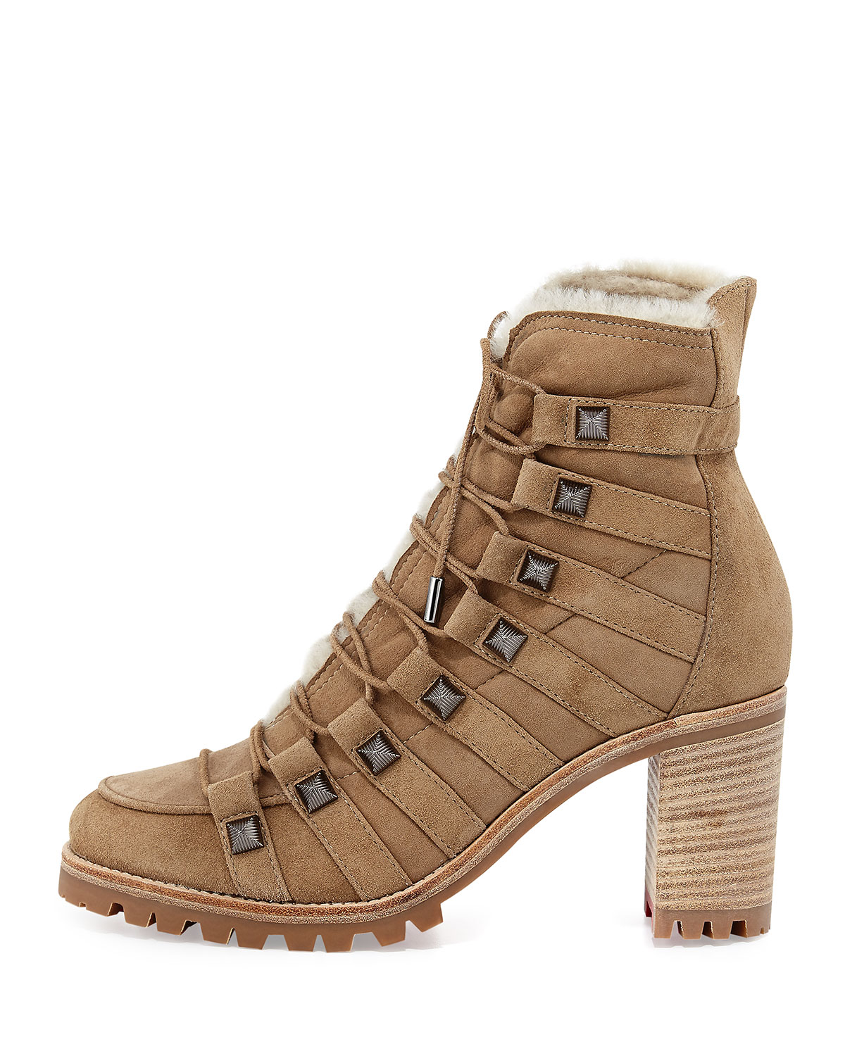 Chaletta Suede Calf-Hair Lined 70mm Red Sole Bootie, Camel