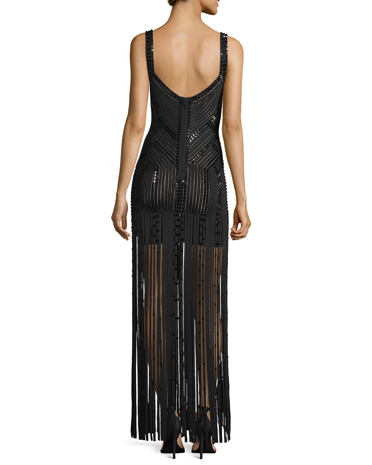 Sleeveless Fringe Embellished Bandage Gown, Black