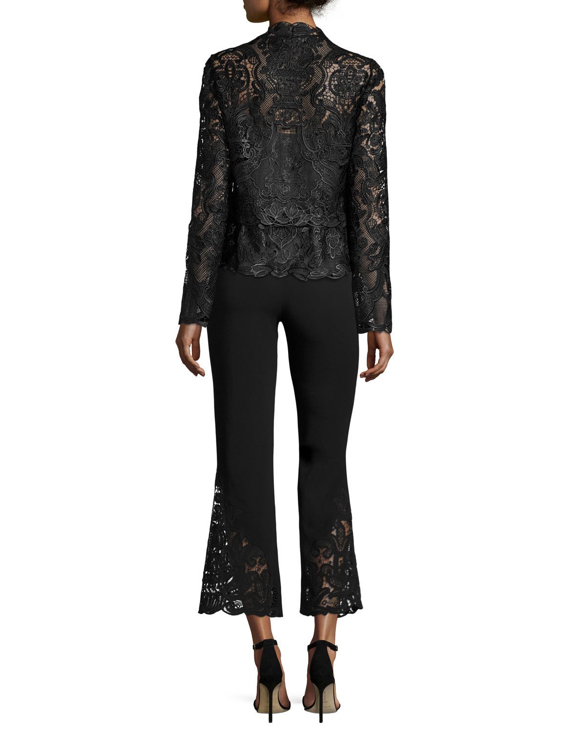 Kerri Cropped Lace-Hem Flared-Leg Pants, Black