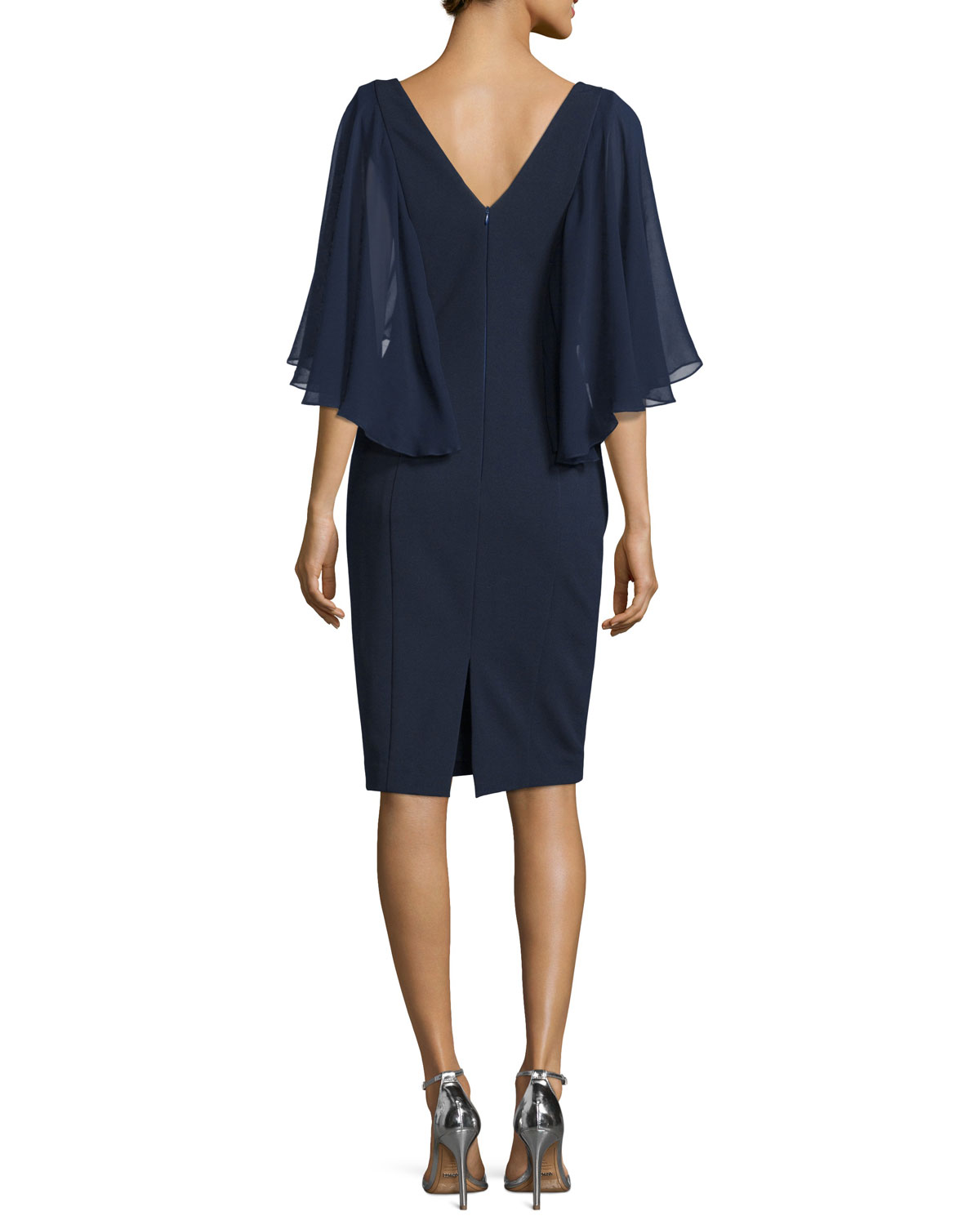 Flutter-Sleeve V-Neck Cocktail Dress, Navy 