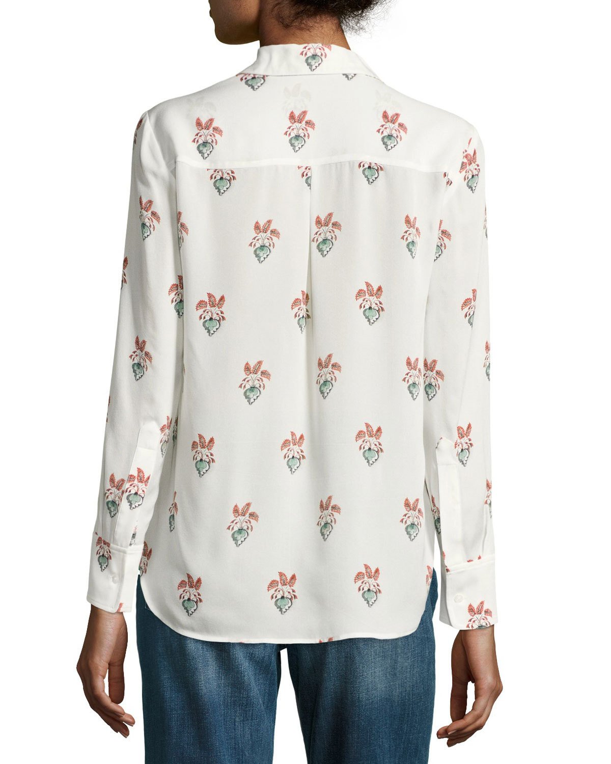 Scott Long-Sleeve Printed Silk Georgette Blouse, White