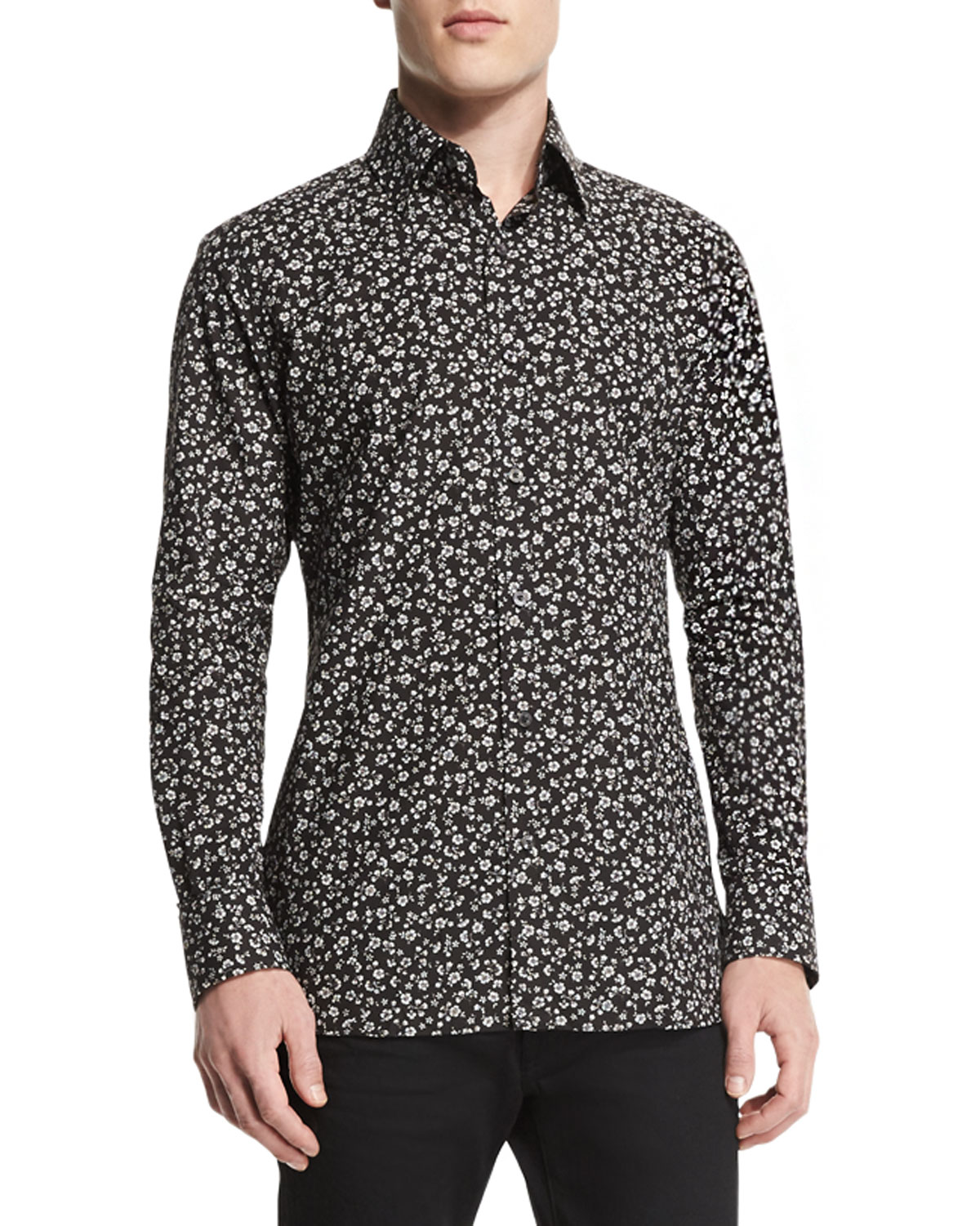 Pansy-Printed Slim Sport Shirt, Black