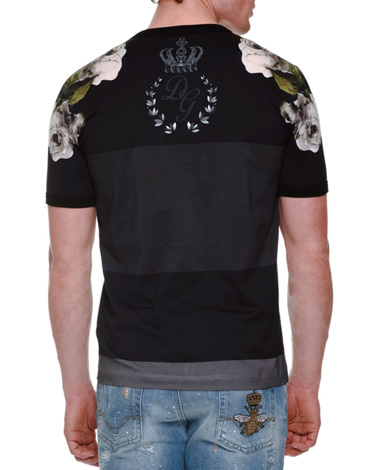 Thick-Stripe Floral-Print Short-Sleeve T-Shirt, Black