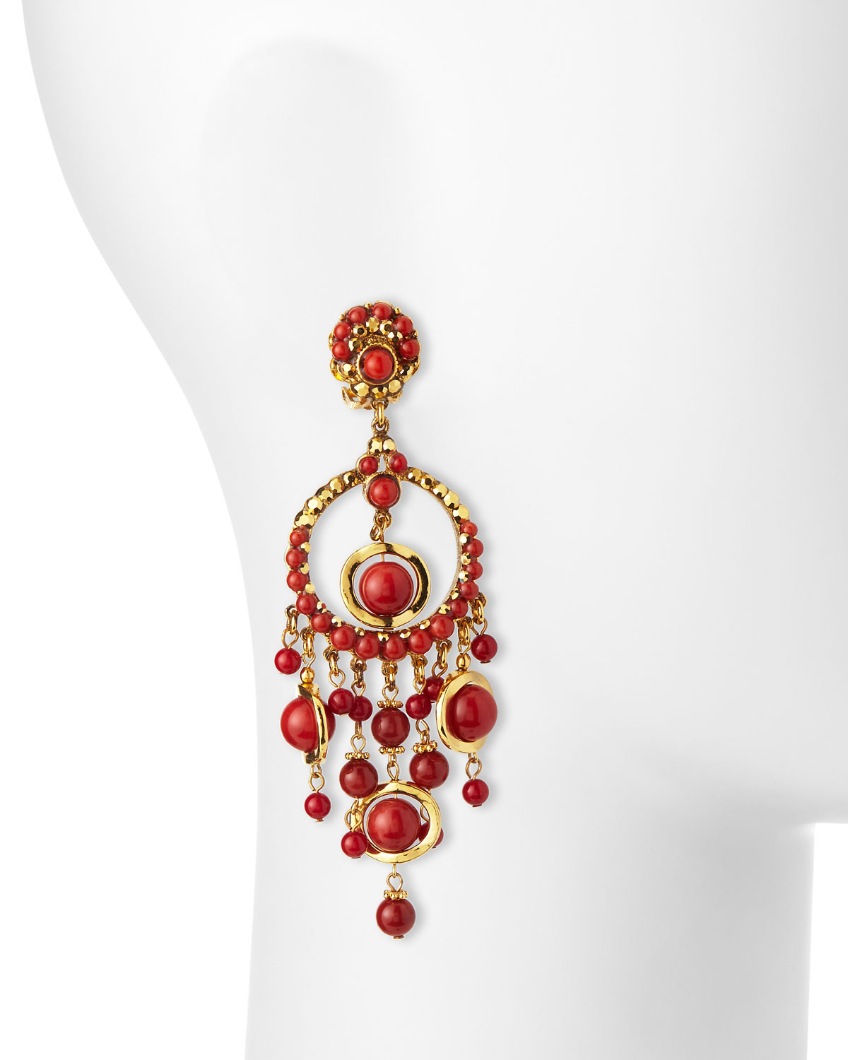 24k-Plated Chandelier Clip Earrings w/ Coral Drops