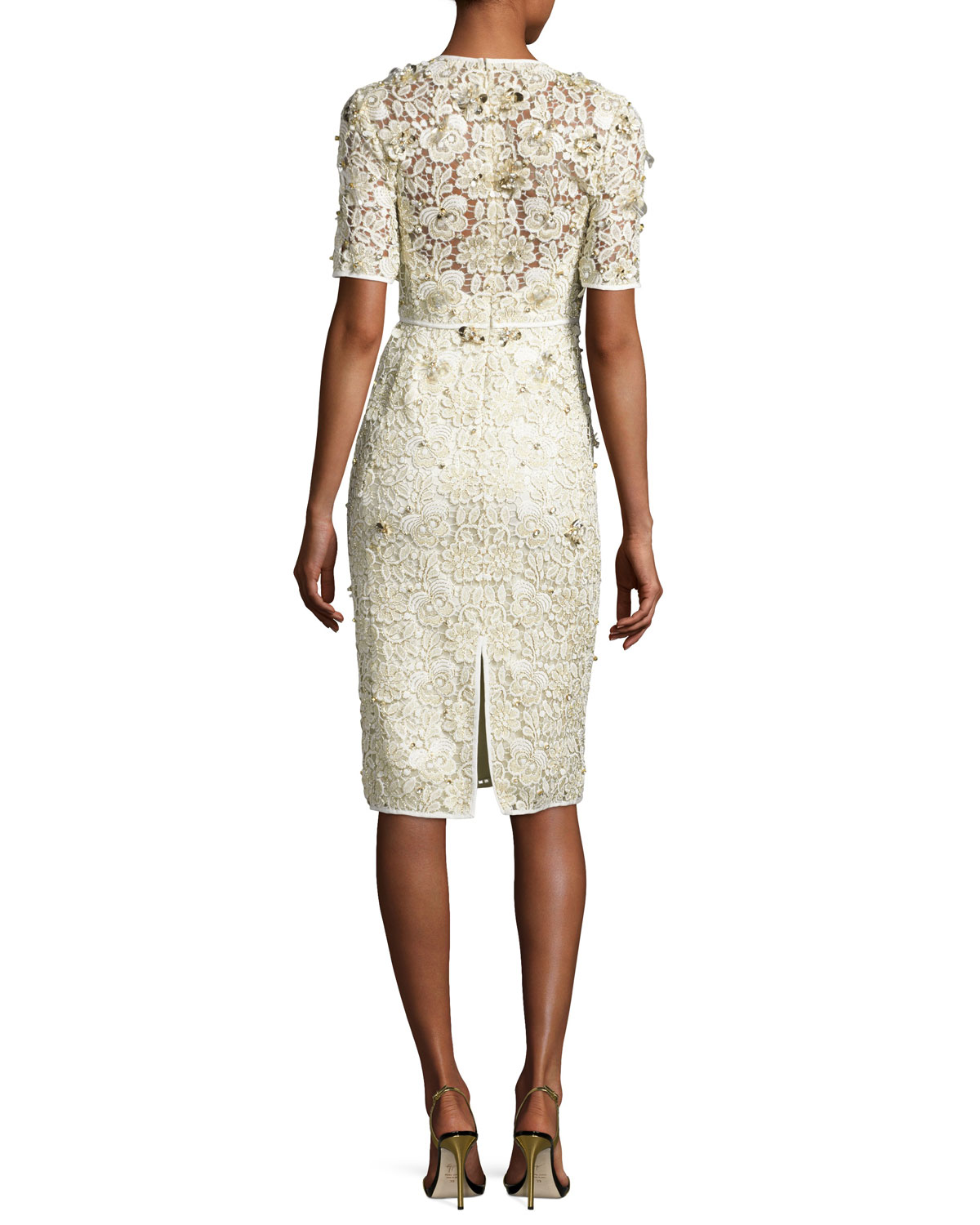 Beaded Lace Half-Sleeve Cocktail Dress, Ivory