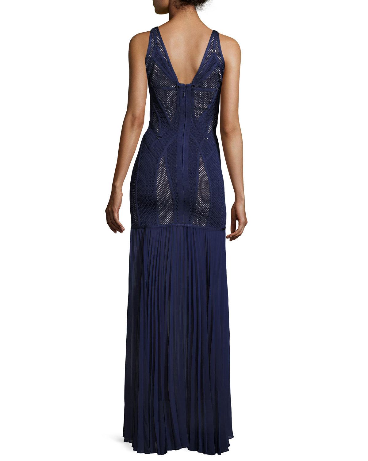 Sleeveless Mesh-Inset Bandage Gown, Classic Blue