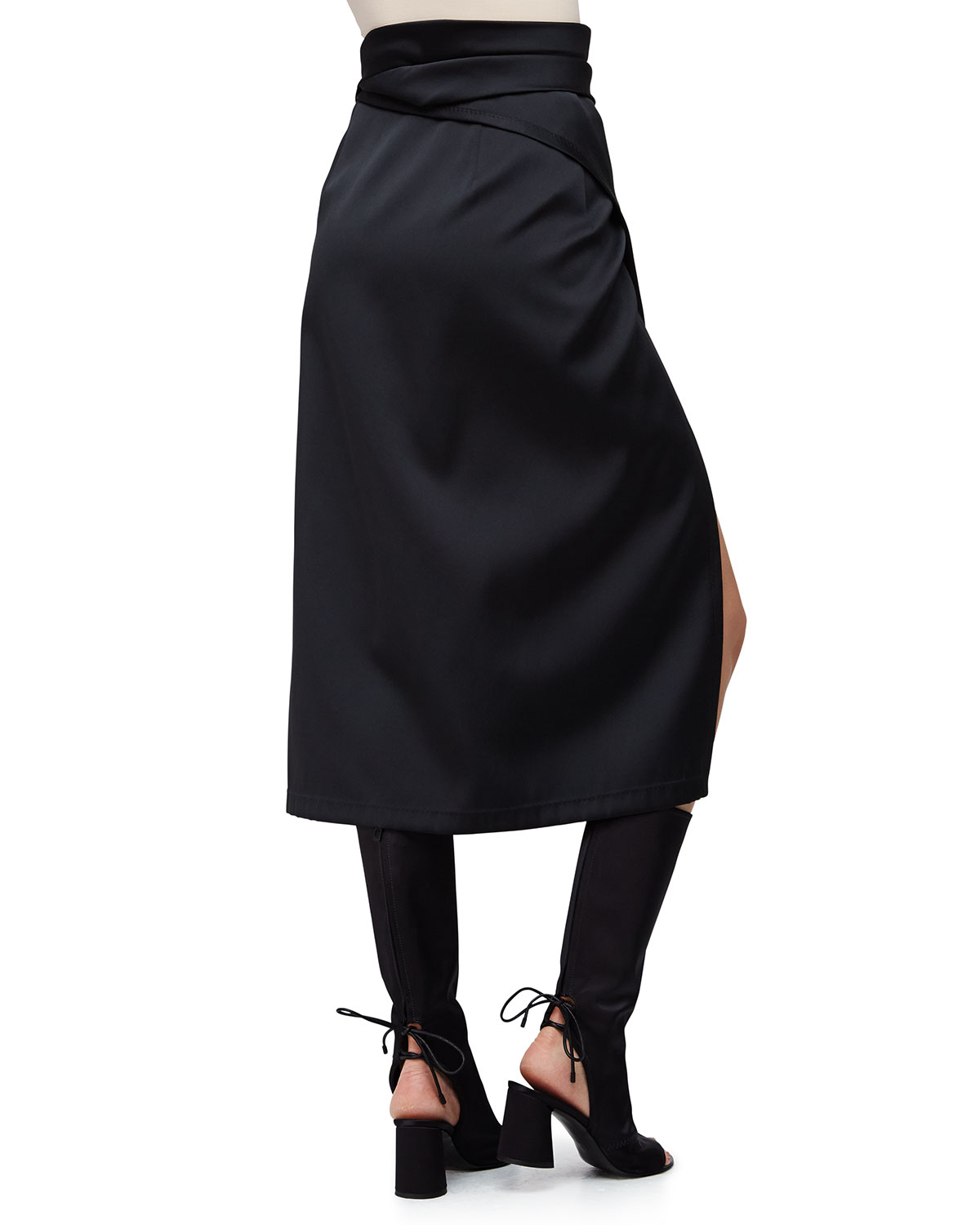 Satin Knotted Tea-Length Skirt, Black