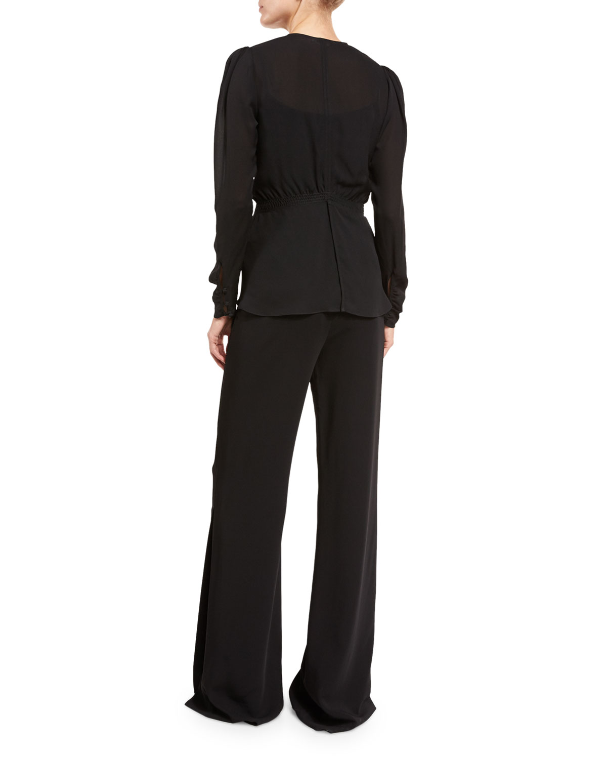 Loren Long-Sleeve Silk Chiffon Top, Black