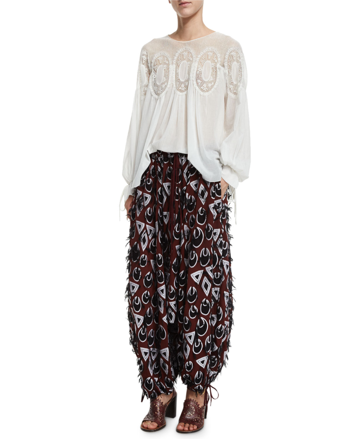 Frayed Jacquard Harem Pants, Burgundy/Navy