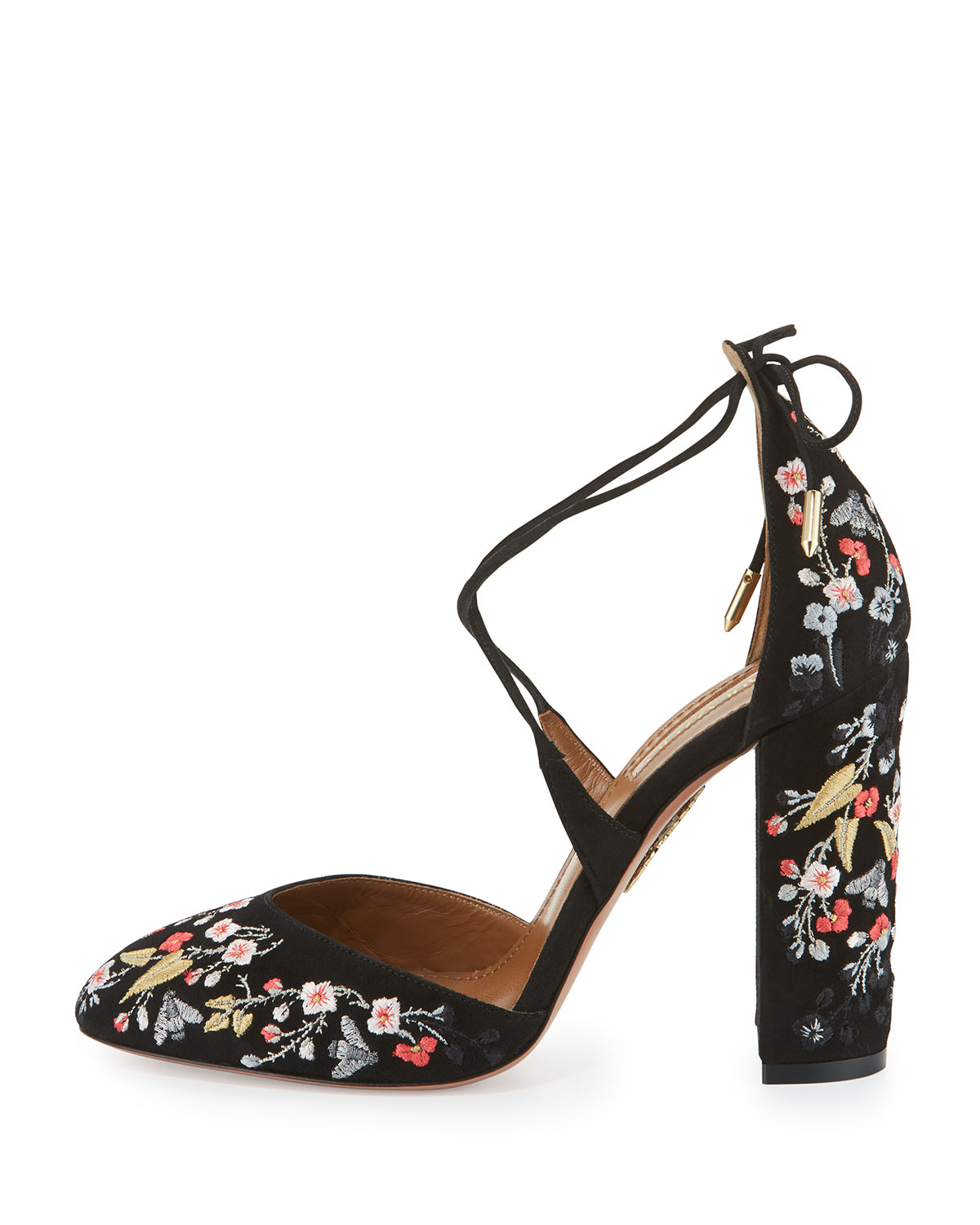 Karlie Embroidered Suede Block-Heel Pump, Black