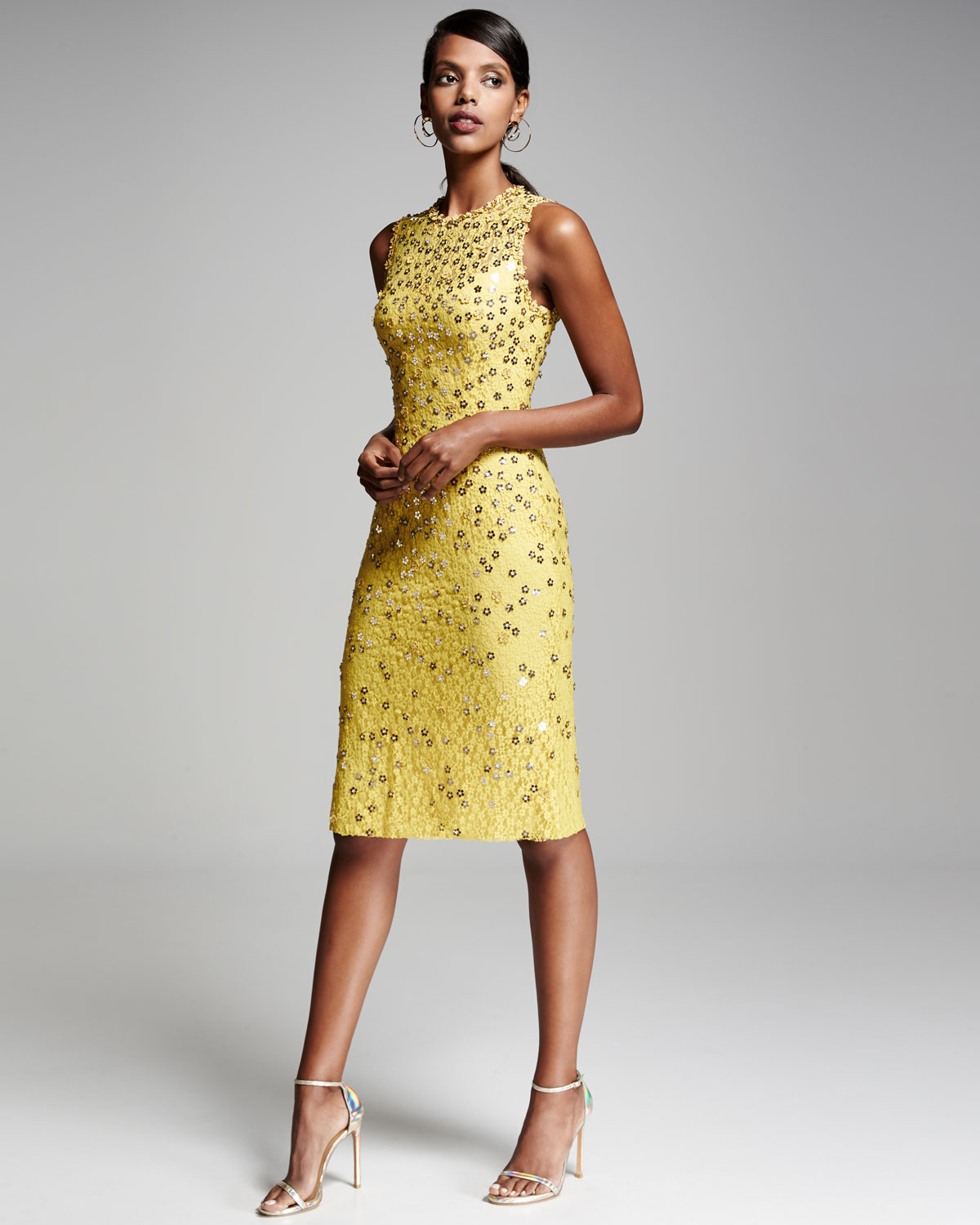 Floral-Sequin Lace Sleeveless Cocktail Dress, Dandelion