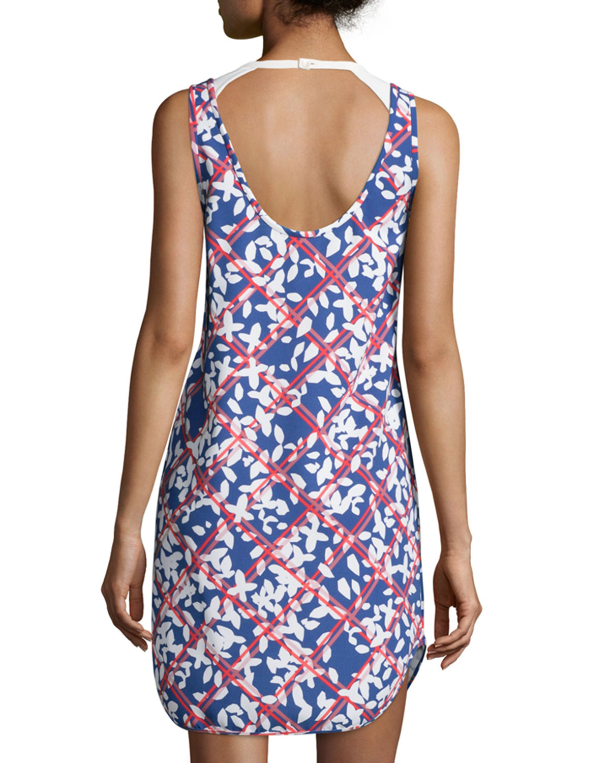 Round-Neck Floral-Print Dress, White/Blue