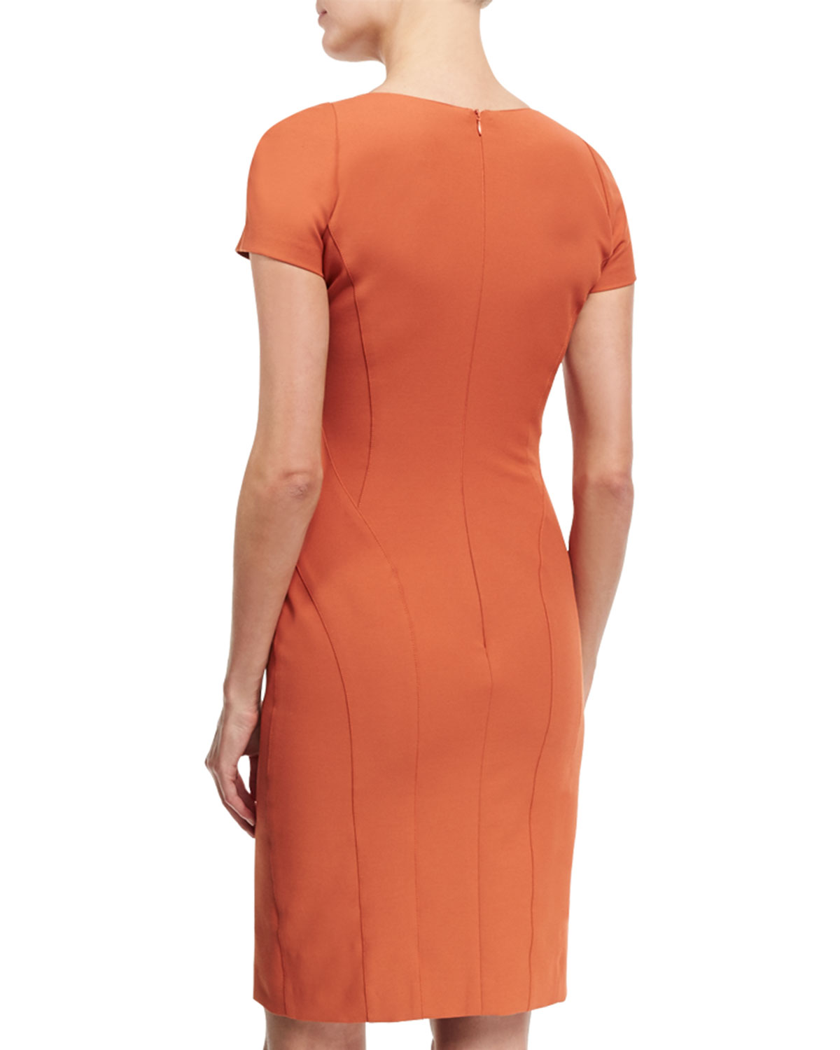 Short-Sleeve Seamed Sheath Dress, Burnt Sienna