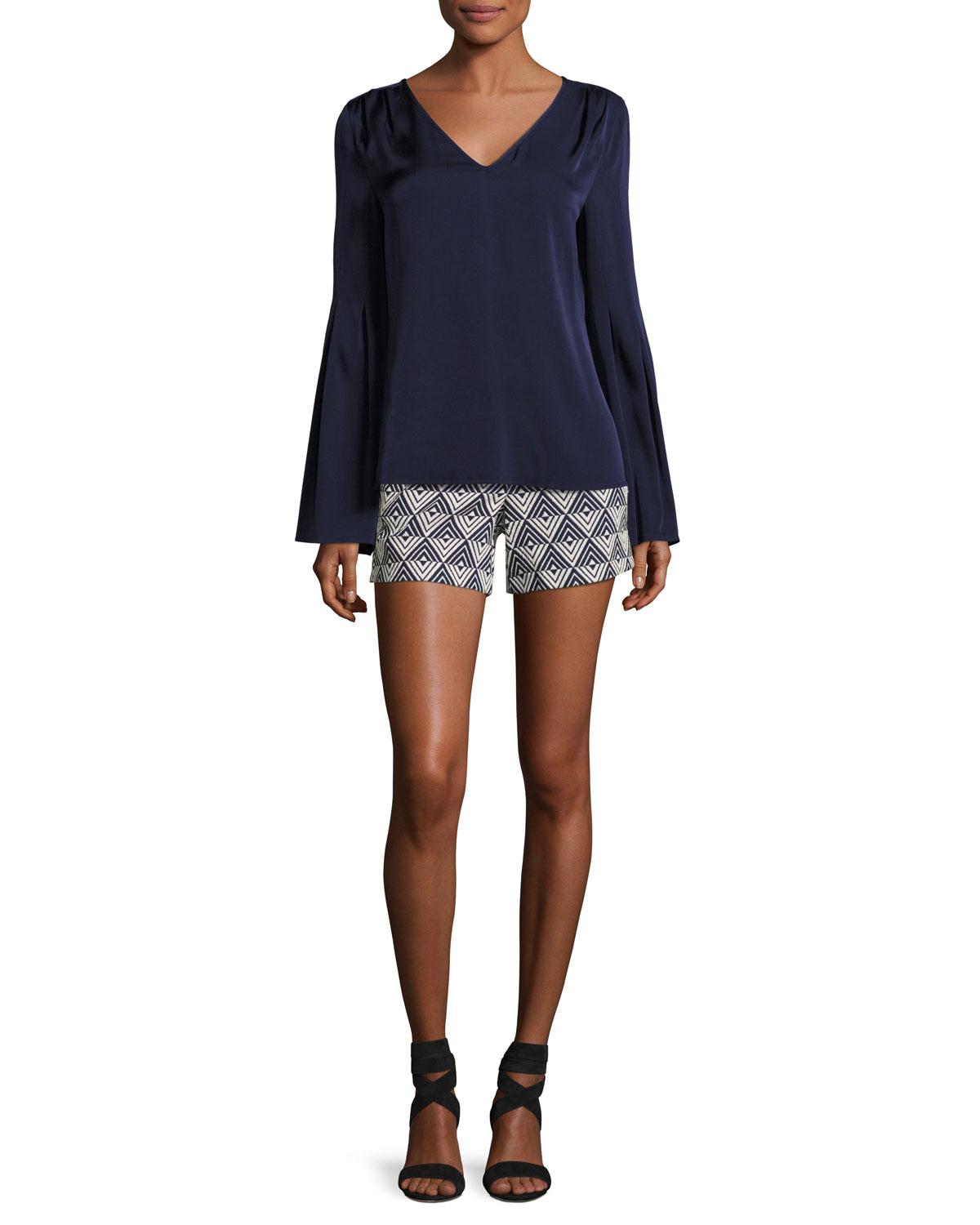 Iolana Bell-Sleeve Stretch Silk Top, Blue