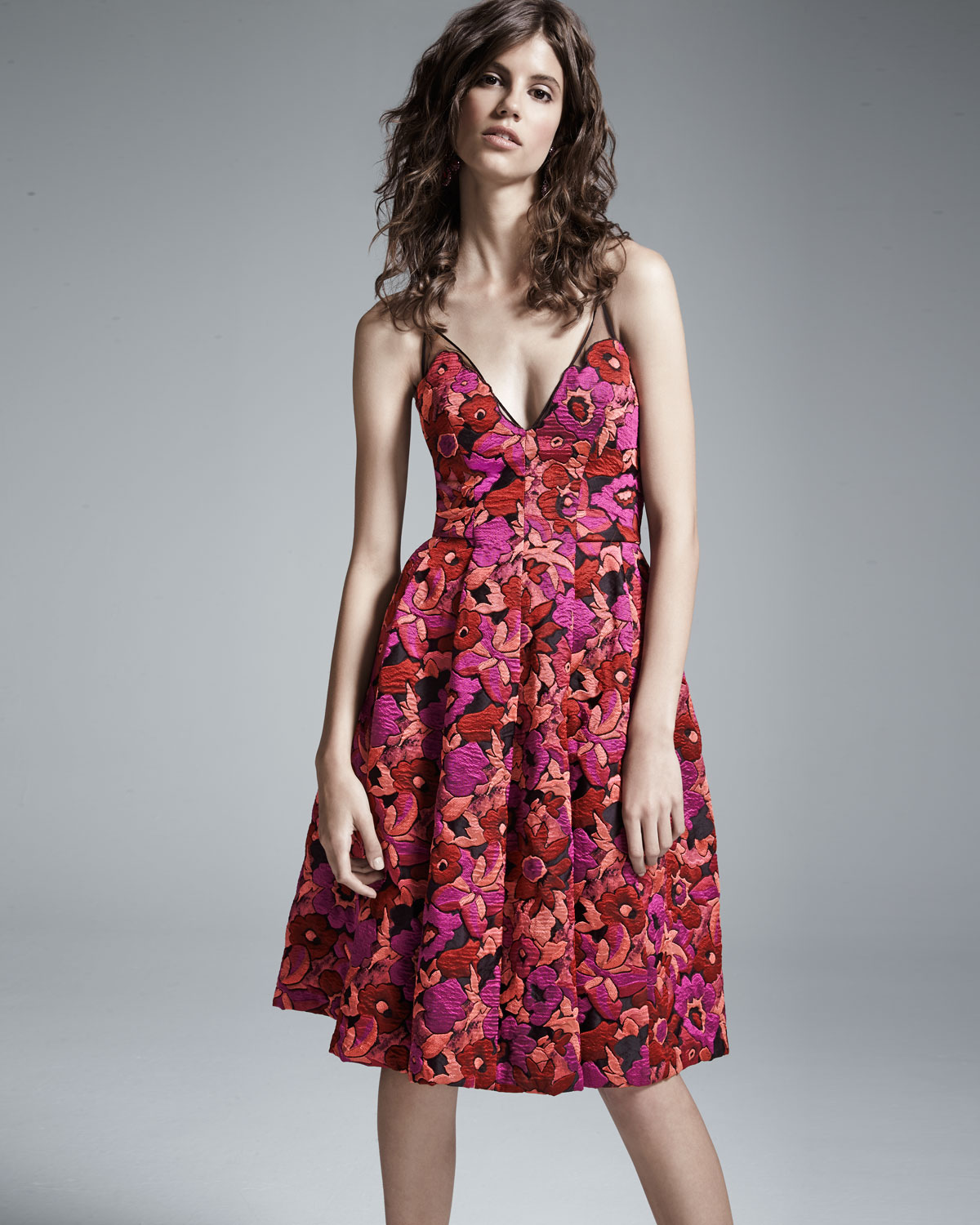 Floral Jacquard Fit-and-Flare Dress, Berry