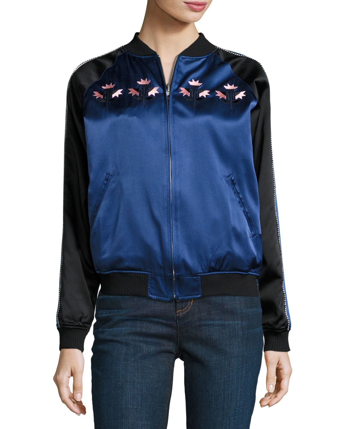 Reversible Silk Satin Bomber Jacket, Black/Blue/Multicolor