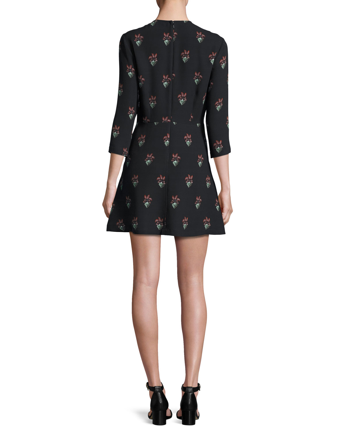 Terry 3/4-Sleeve Printed Silk Mini Dress, Black