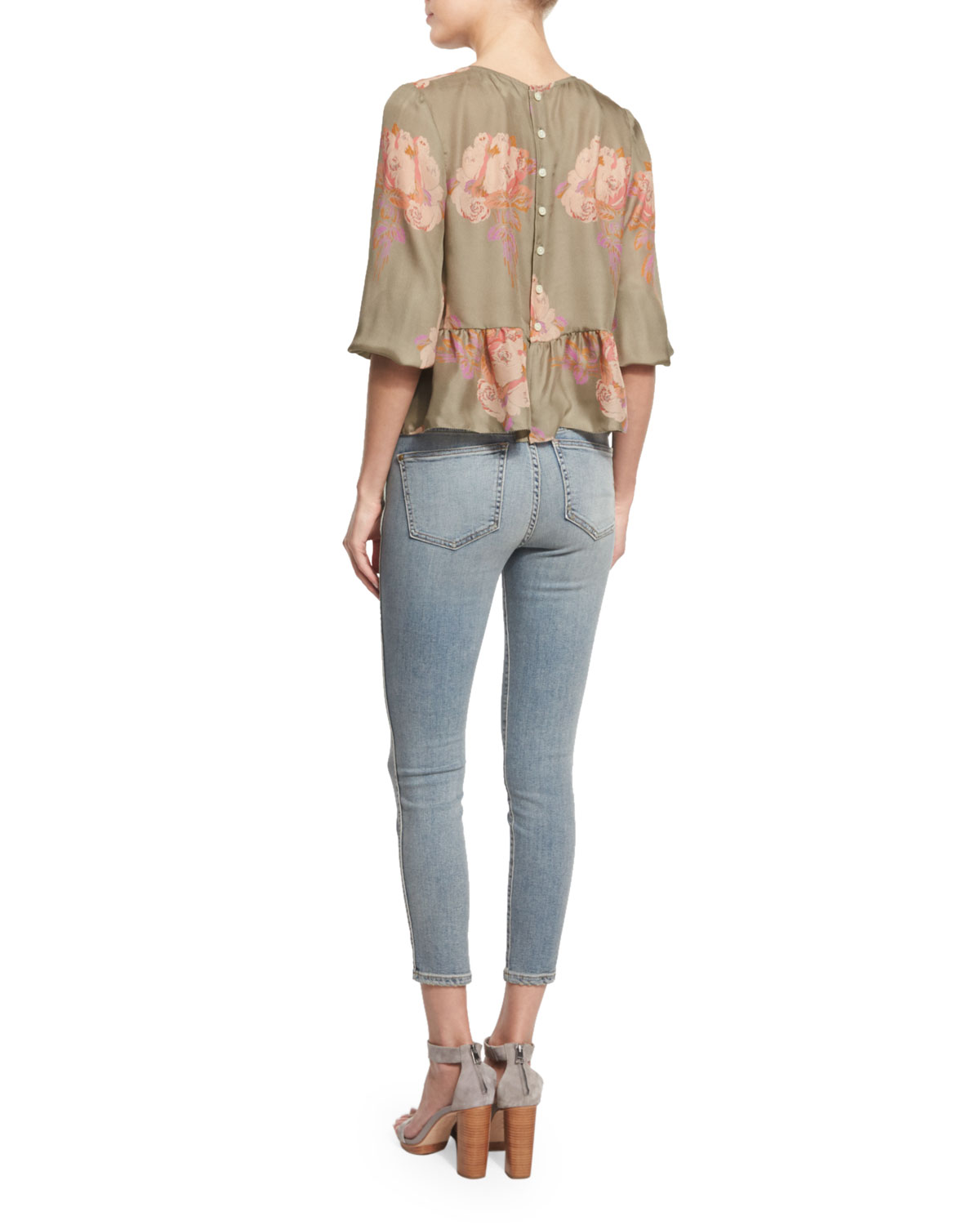 The Honey Floral-Print Peplum Shirt, Army Rose